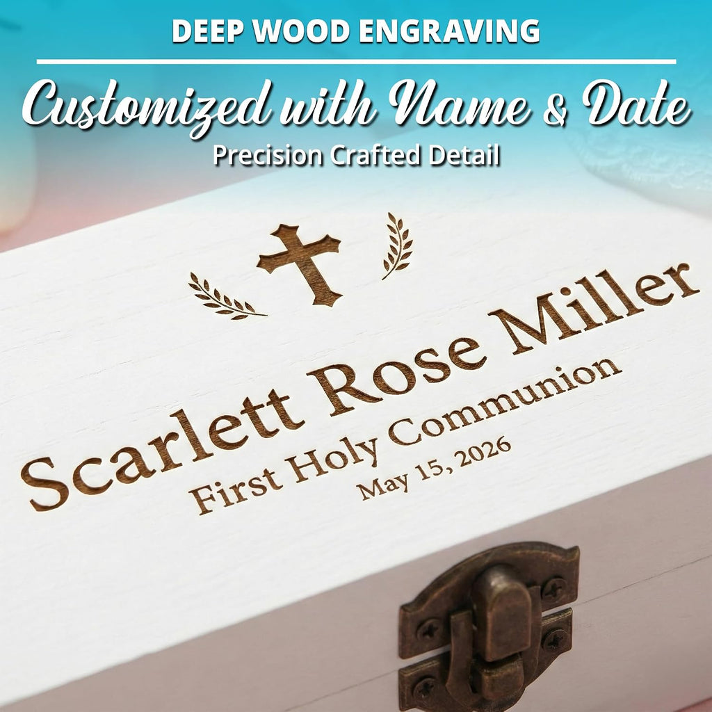 Personalized Keepsake Box for First Communion - Custom Engraved Wooden Memory Box for Baptism, Christening Gift