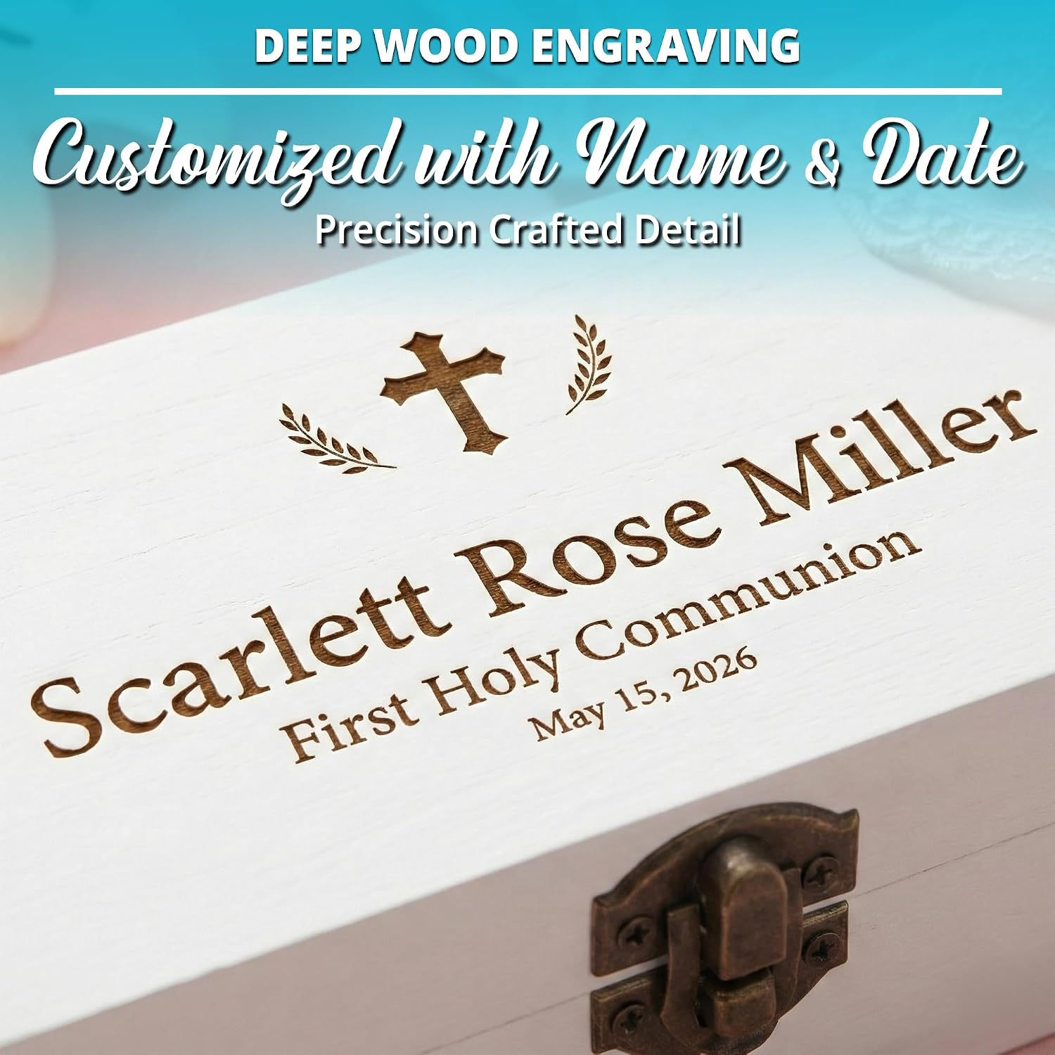 Personalized Keepsake Box for First Communion - Custom Engraved Wooden Memory Box for Baptism, Christening Gift