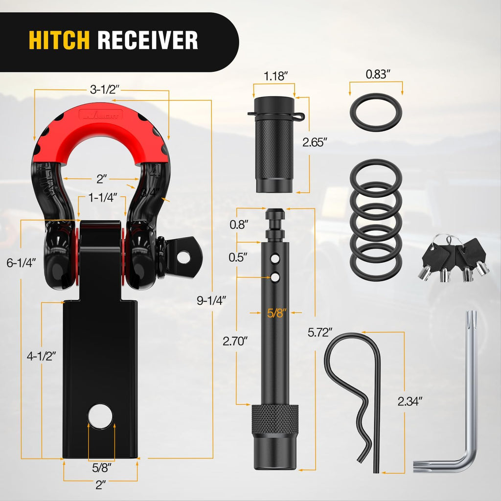 3" x20' Tow Strap Kit 2" Receiver 3/4" Anti-Theft D-Ring Shackles
