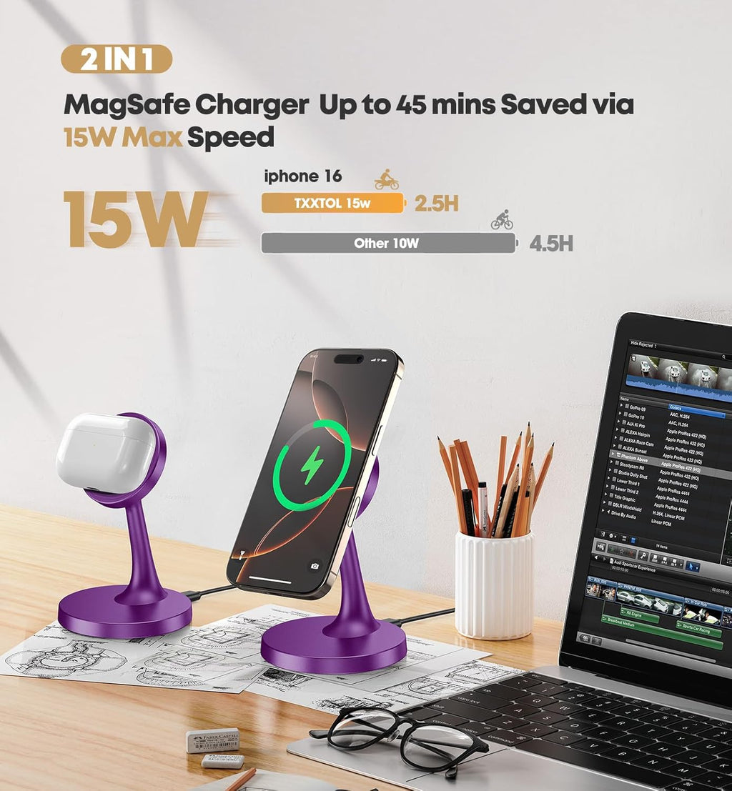 Magnetic Wireless Charger iPhone Stand, 15W Fast Mag-Safe Charger iPhone 17/17 Air/17 Pro/17 Pro Max 16/15/14/13/12