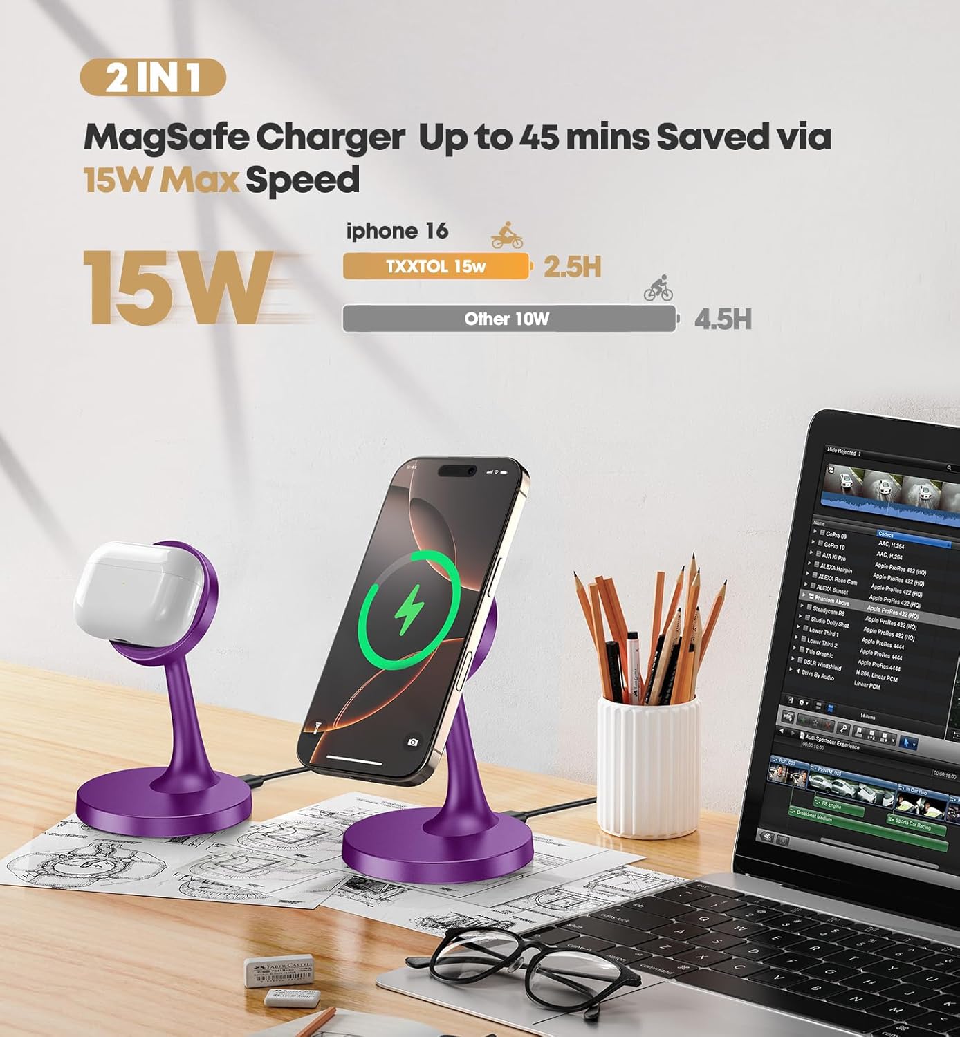 Magnetic Wireless Charger iPhone Stand, 15W Fast Mag-Safe Charger iPhone 17/17 Air/17 Pro/17 Pro Max 16/15/14/13/12