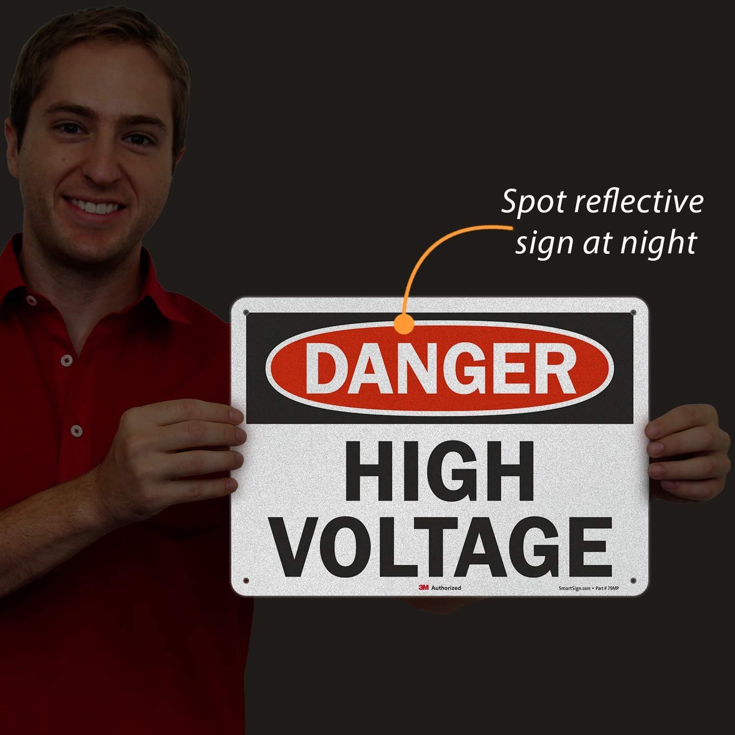 3M Engineer Grade Reflective OSHA Safety Sign, Legend "Danger: High Voltage", 10" high x 14" wide, Black/Red on White