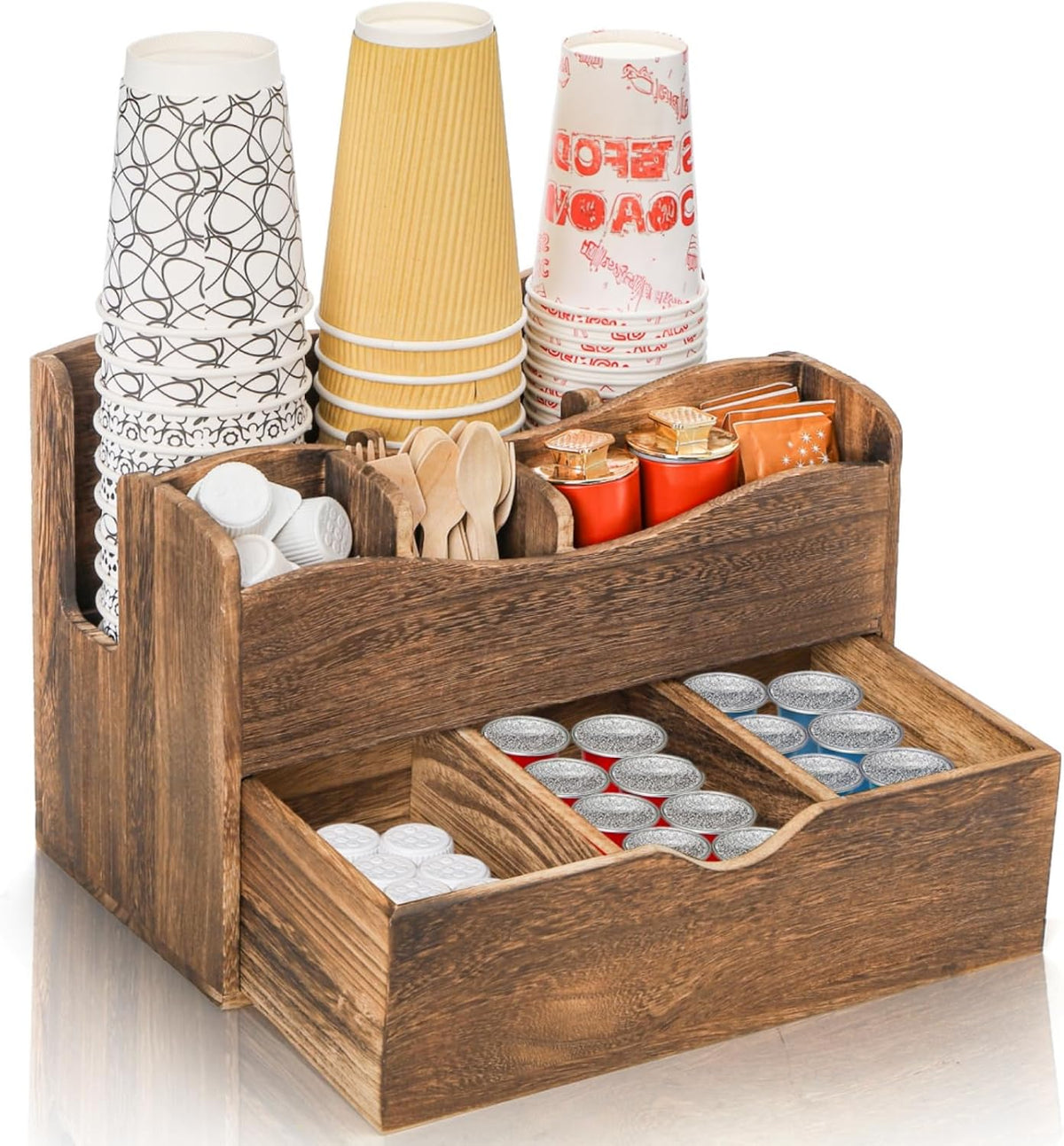 Wood Coffee Station Organizer with Drawer, 6 Compartments
