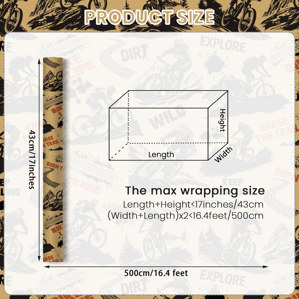 Mountain Bike Kraft Wrapping Paper Roll, Dirt Bike Life Gift Wrap for Cycling Lover, Birthday, Outdoor Party, 17 Inch