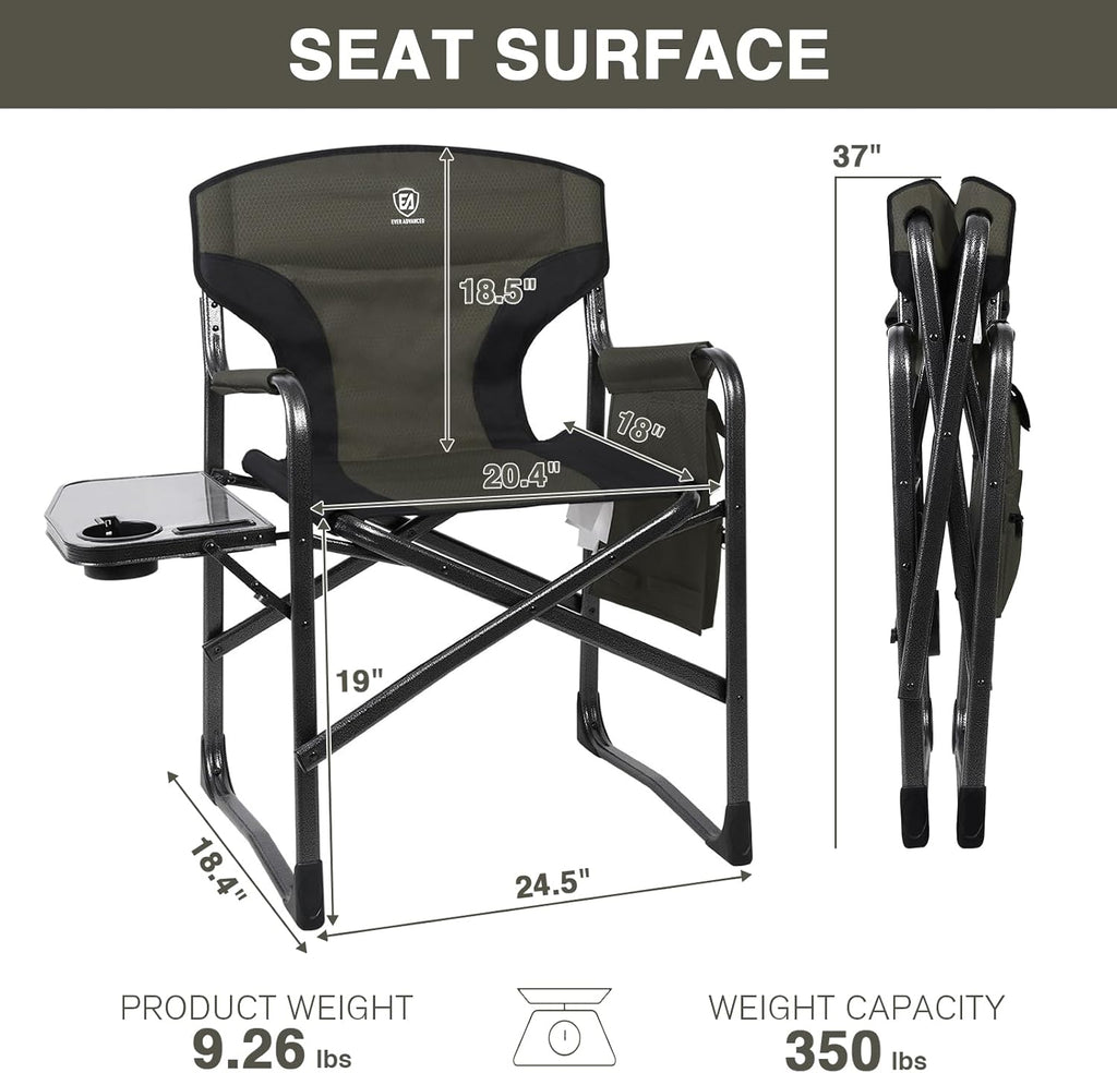 Lightweight Aluminum Director Camping Chair, 350 lb Capacity | 19" Joint-Friendly Seat for Easy Standing with Side