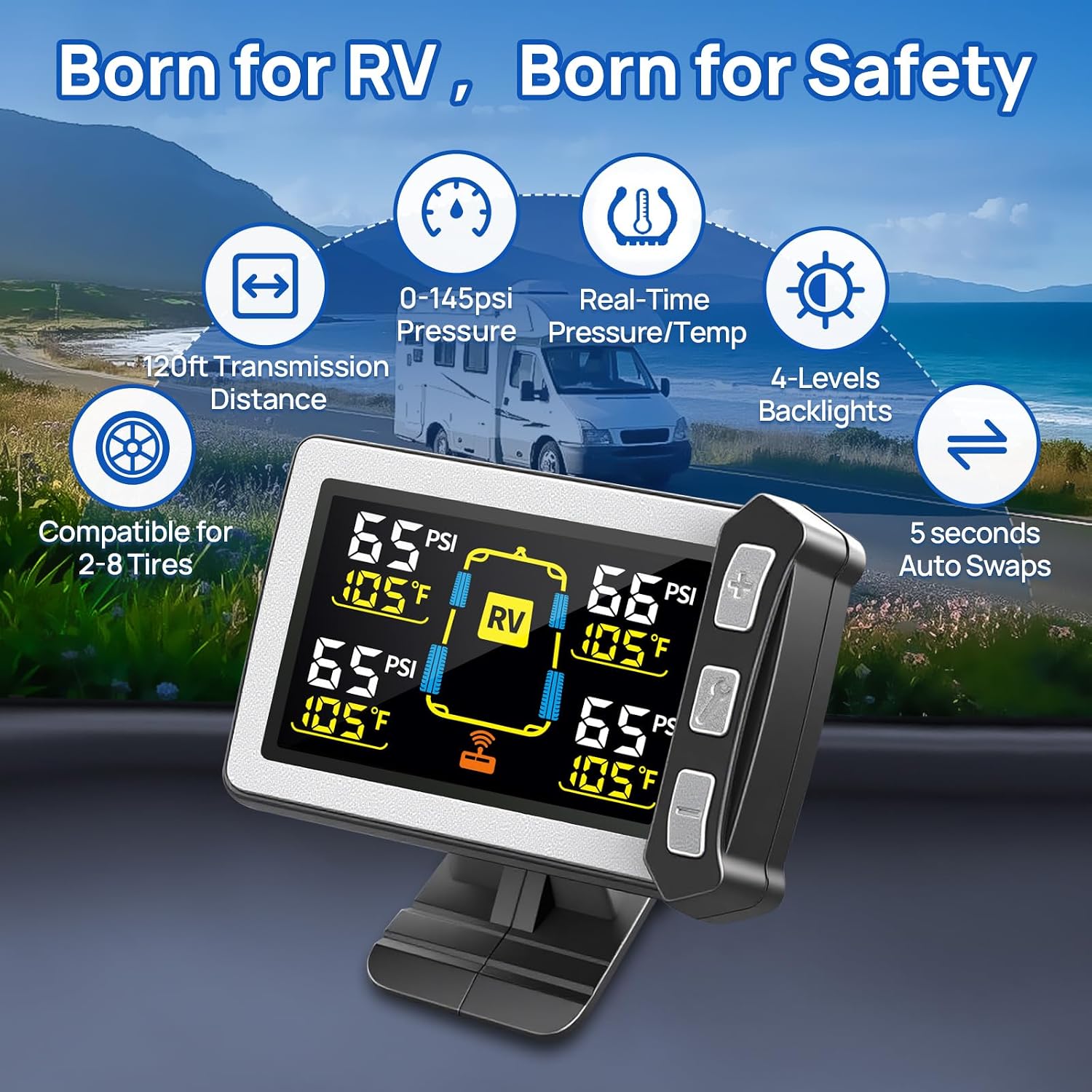 RV Tire Pressure Monitoring System, TPMS Sensors Set of 8 | Color LCD Display, Ideal for Travel Trailer/5th