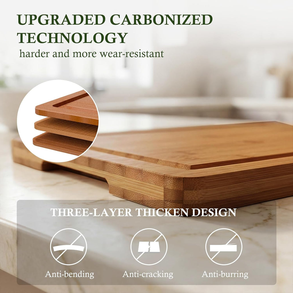 Bamboo Cutting Boards for Kitchen, 3 Piece Extra Thick Cutting Board Set with Juice Groove, Deep Carbonized Bamboo