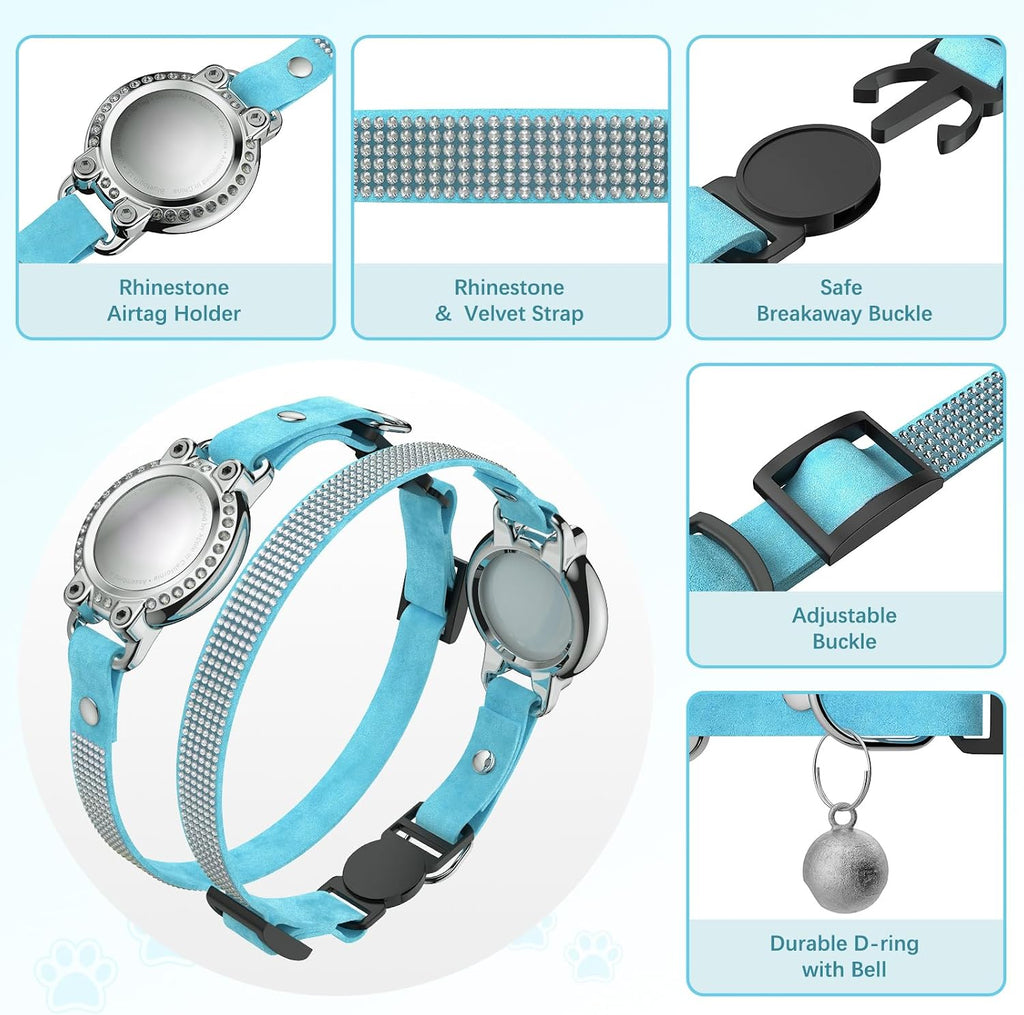 AirTag Cat Collar Breakaway, Rhinestone Collars with Air Tag Holder, Blue