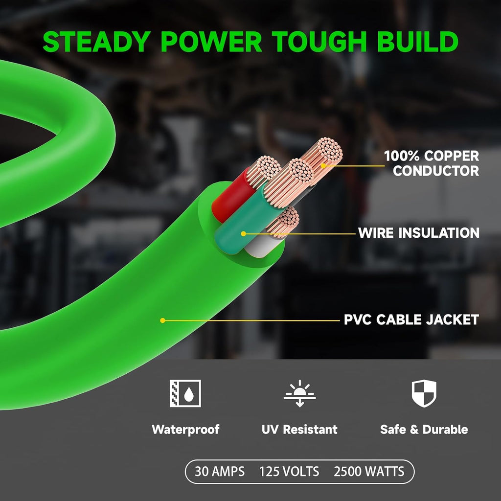 25 Ft 10/4 30-Amp Generator Outdoor Extension Cord, L14-30P/R, Green | 10 Gauge SJTW 4-Prong 125/250V 7500W NEMA