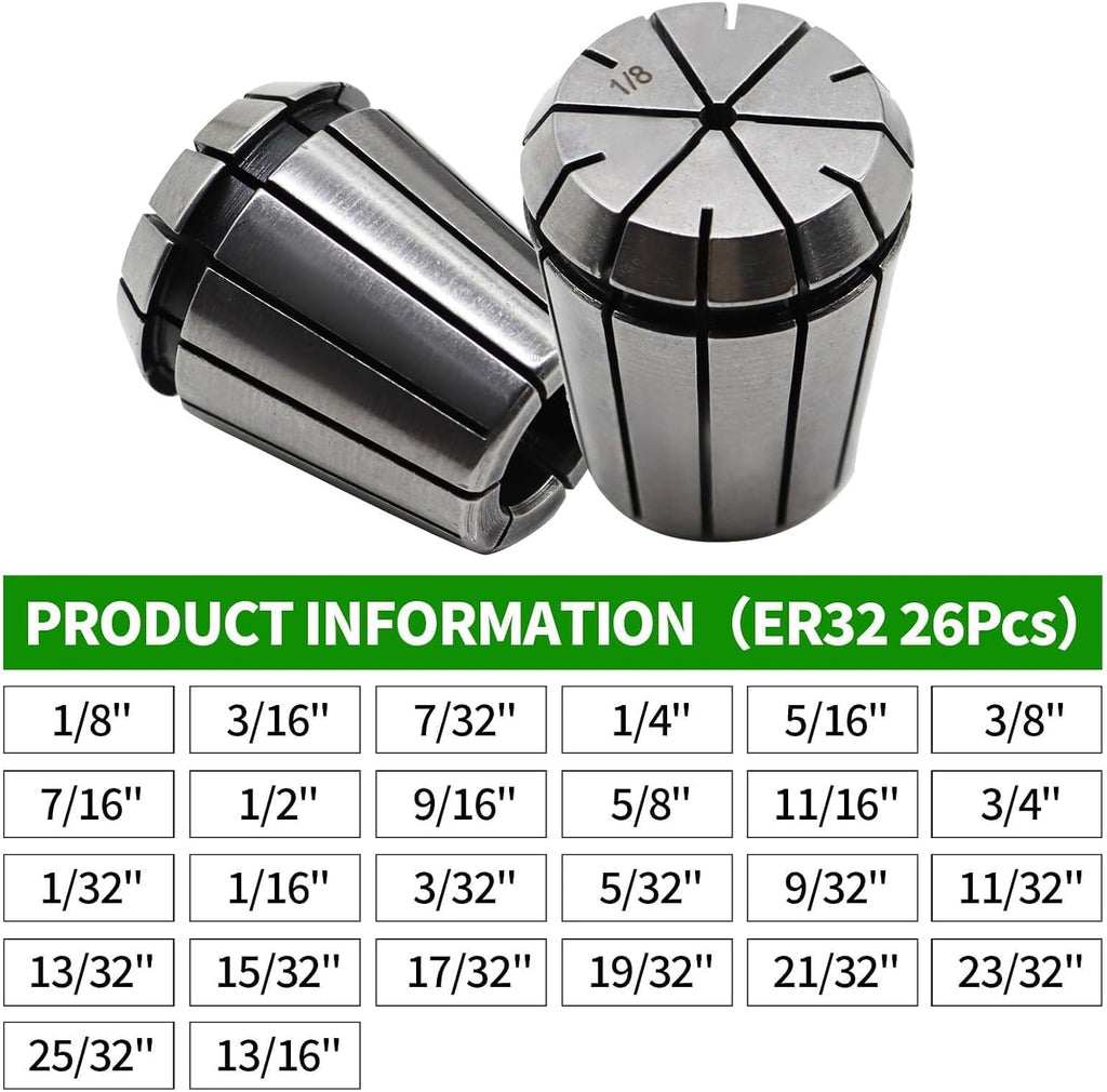 26 Pcs ER32 Spring Collet Set 1/32"- 13/16"