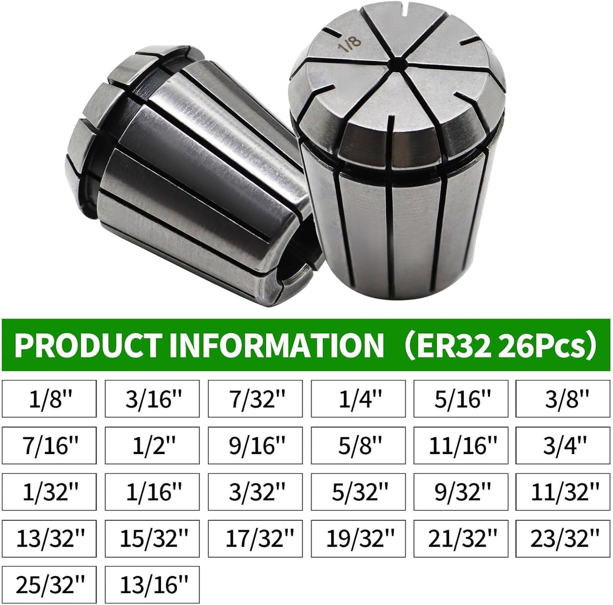 26 Pcs ER32 Spring Collet Set 1/32"- 13/16"