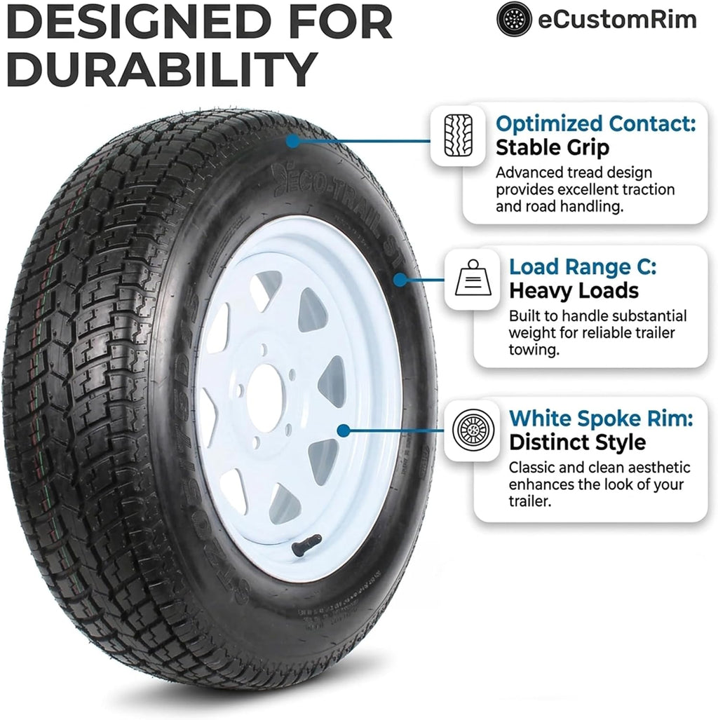 2 Pack Trailer Tire Assembly ST205/75D15 Load C 5 Lug White
