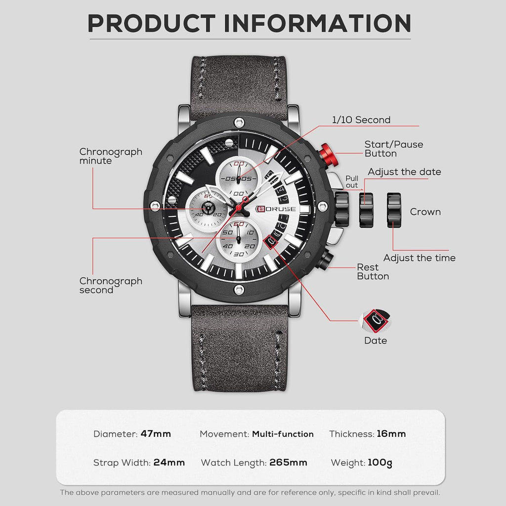 Mens Watches Luxury Chronograph Classic Waterproof Watch Large Face Analog Luminous Fashion Leather Analog Quartz