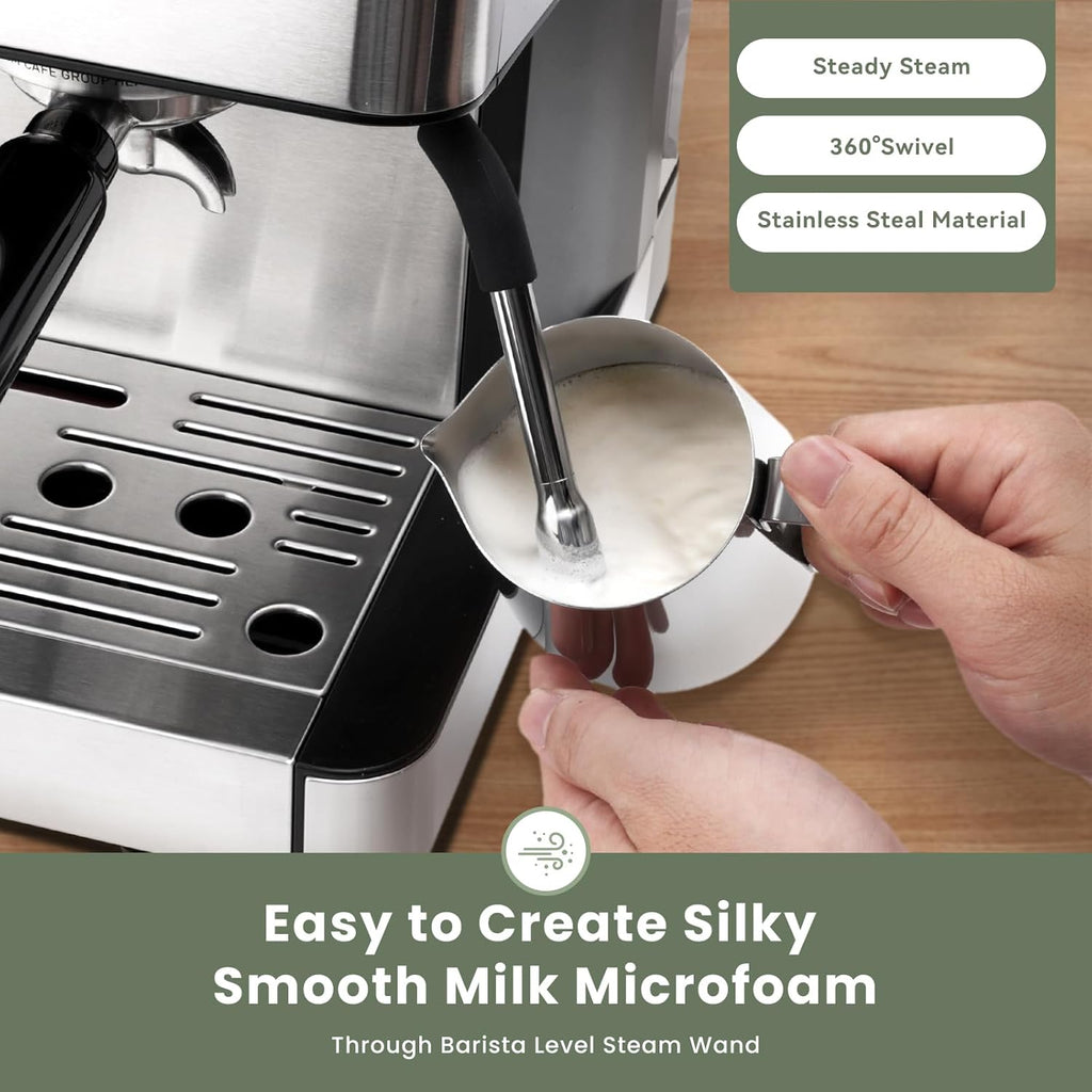 20 Bar Espresso Machine with Grinder & Steam Wand for Latte Cappuccino | Removable Water Tank, Powerful Milk Frother