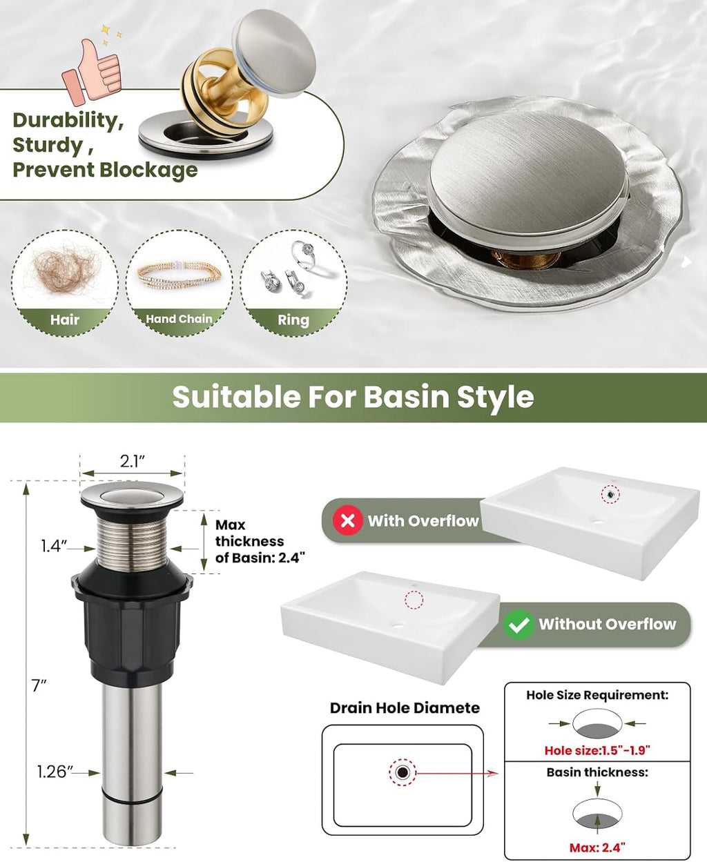 Bathroom Vessel Sink Faucet Metal Pop Up Drain, Brushed Nickel