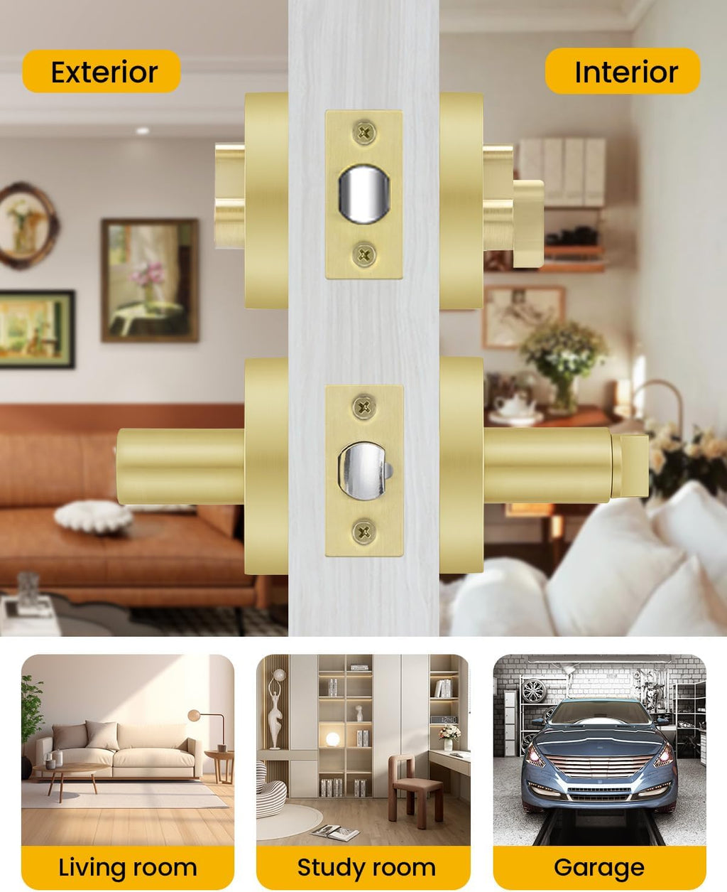 Exterior Deadbolt and Keyed Entry Door Handle Set, Heavy Duty Zinc Alloy Gold Door Lever, Key Entry Front Brushed
