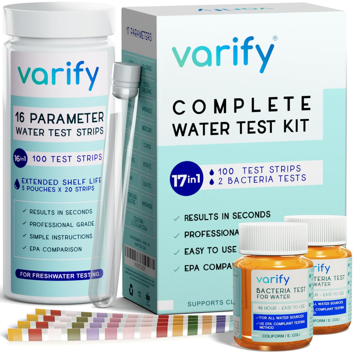 17in1 Complete Drinking Water Test Kit - 100 Strips + 2 Bacteria Tester Kits - Well, Tap, Home, City Water Testing