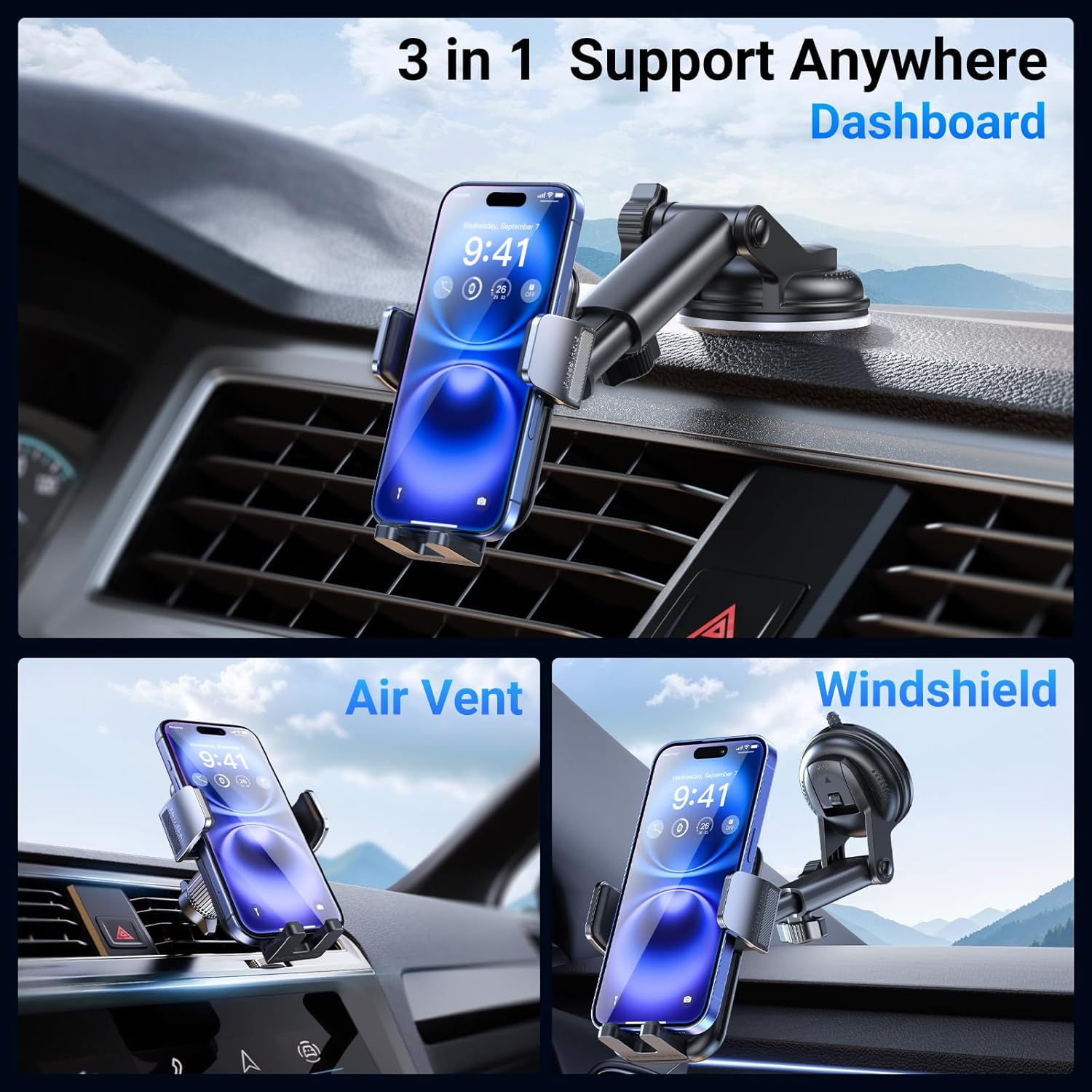 3-in-1 Car Phone Holder [122+LBS Strongest Suction & Stable Clamp Arm] 360° Adjustable Car Phone Mount, Cell Phone
