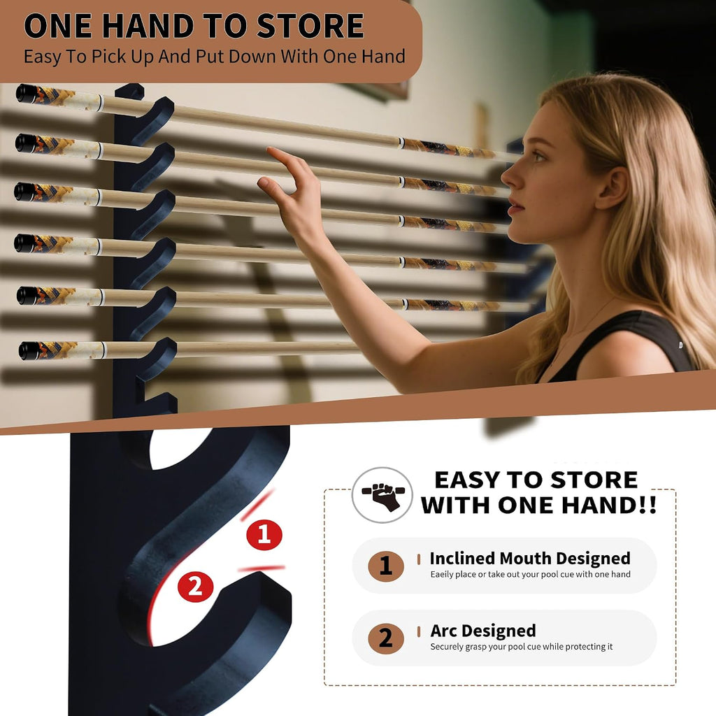 Black Wall-Mounted Pool Stick Holder, Wooden Billiards Pool Cue Rack Holds 7 Cue Sticks and 2 Pool Ball Racks, Pool
