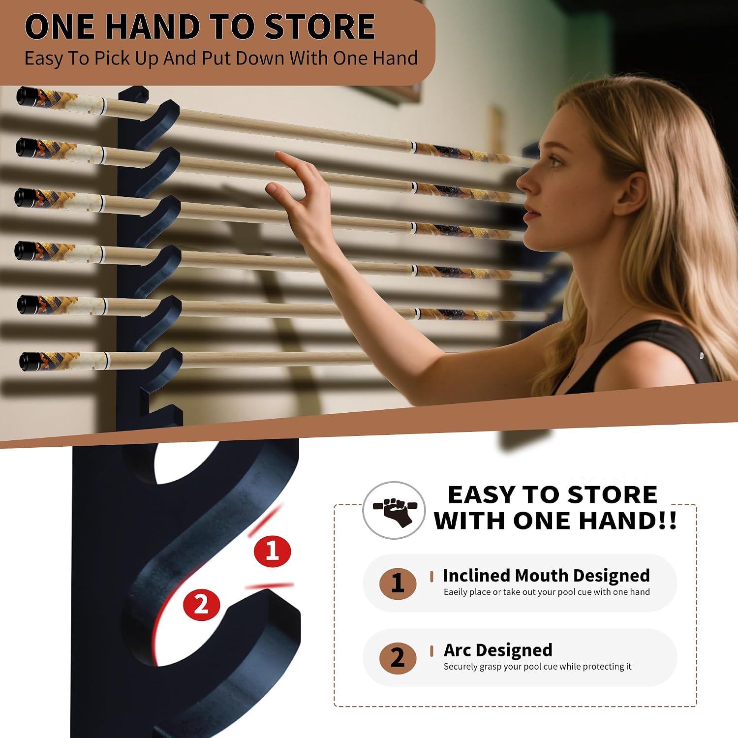 Black Wall-Mounted Pool Stick Holder, Wooden Billiards Pool Cue Rack Holds 7 Cue Sticks and 2 Pool Ball Racks, Pool