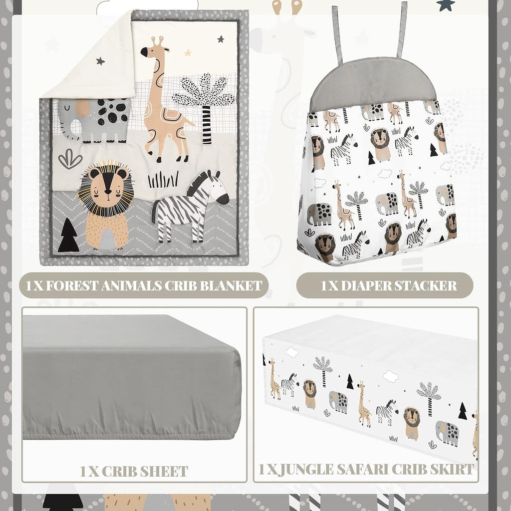 4 Piece Woodland Forest Animals Crib Bedding Set, Including Jungle Safari Crib Skirt, Blanket, Nursery Bed Sheet and
