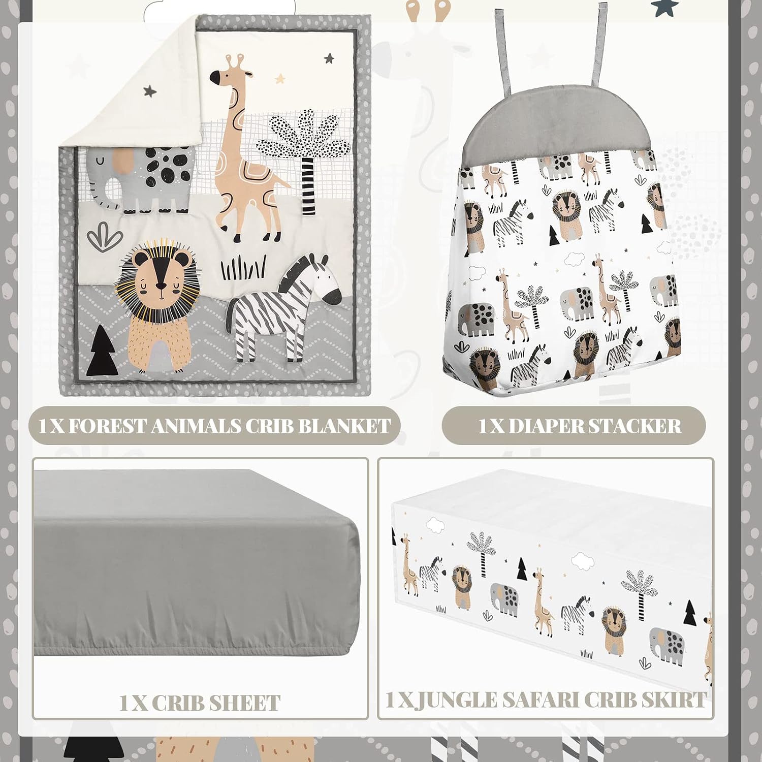 4 Piece Woodland Forest Animals Crib Bedding Set, Including Jungle Safari Crib Skirt, Blanket, Nursery Bed Sheet and