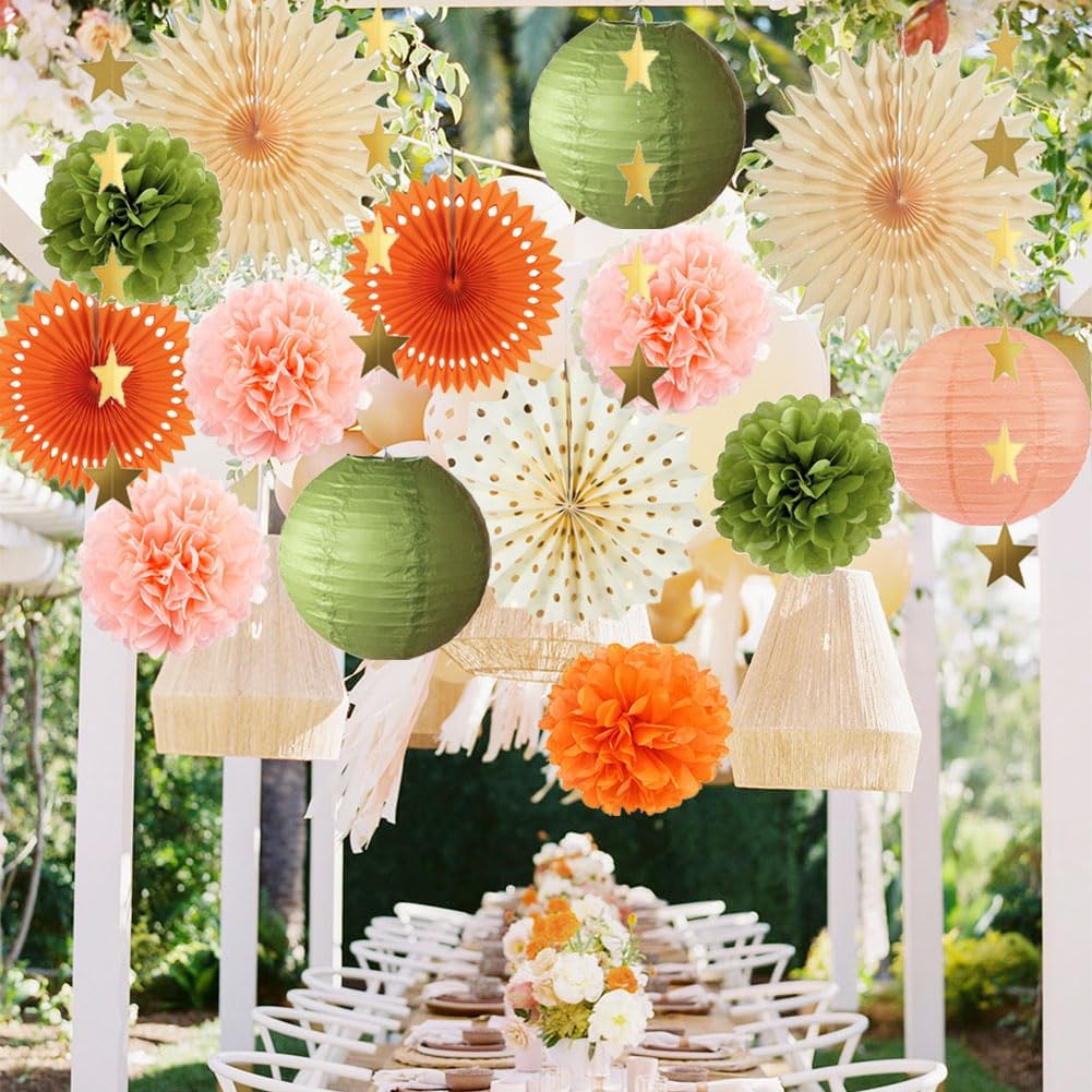 Olive Green and Orange Party Decorations Olive Birthday Party Decorations Peach and Orange Poms Lanterns Beige Fans