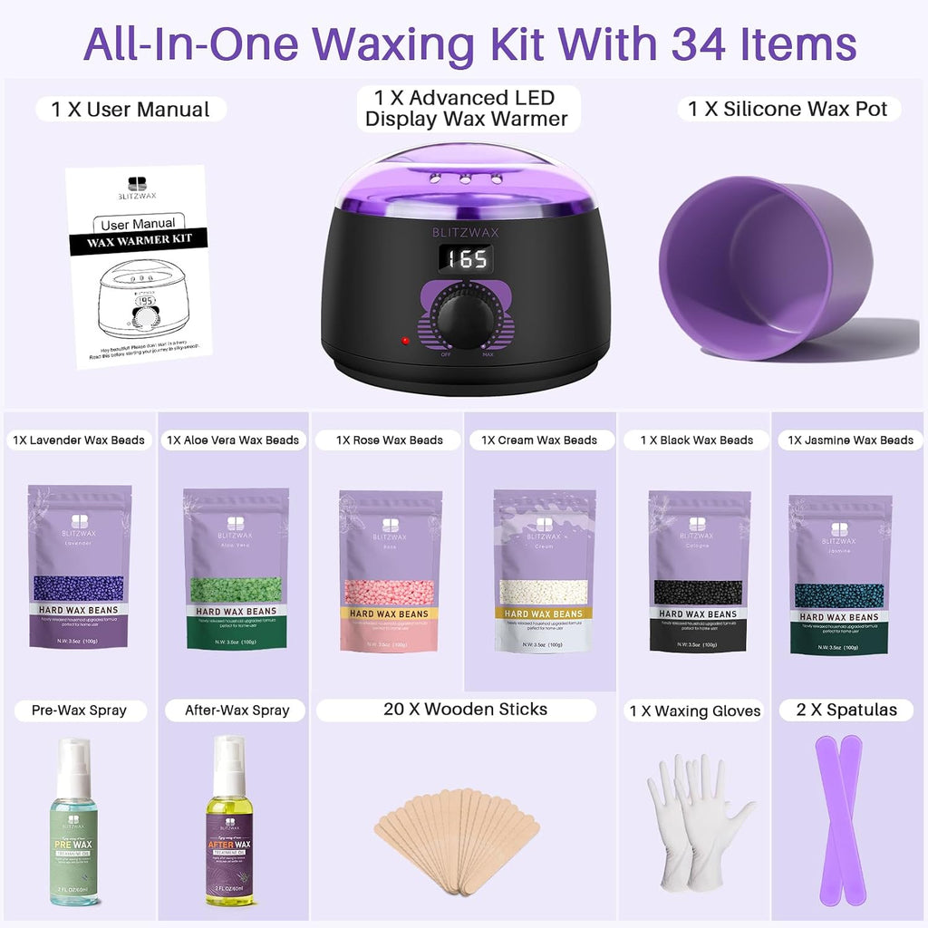 Waxing Kit for Women, Brazilian Bikini Hard Wax Warmer Home Use | 51 Accessories, 6 Bean Formulas, Fast Heating Pot