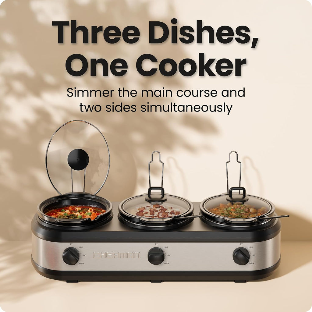 Triple Slow Cooker & Food Warmer, Three Crock Slowcooker with 2.5 Qt. Ceramic Crocks, 7.5-Quart Total Capacity