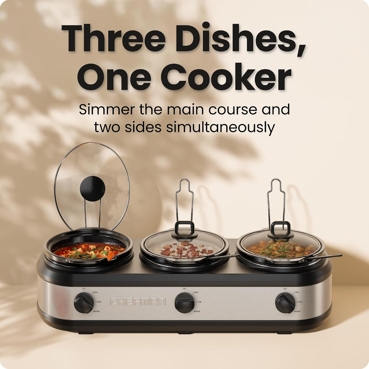 Triple Slow Cooker & Food Warmer, Three Crock Slowcooker with 2.5 Qt. Ceramic Crocks, 7.5-Quart Total Capacity