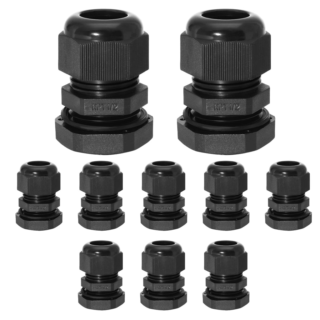 Bonsicoky 1/2" NPT Nylon Cable Glands, Black, 10 Pcs