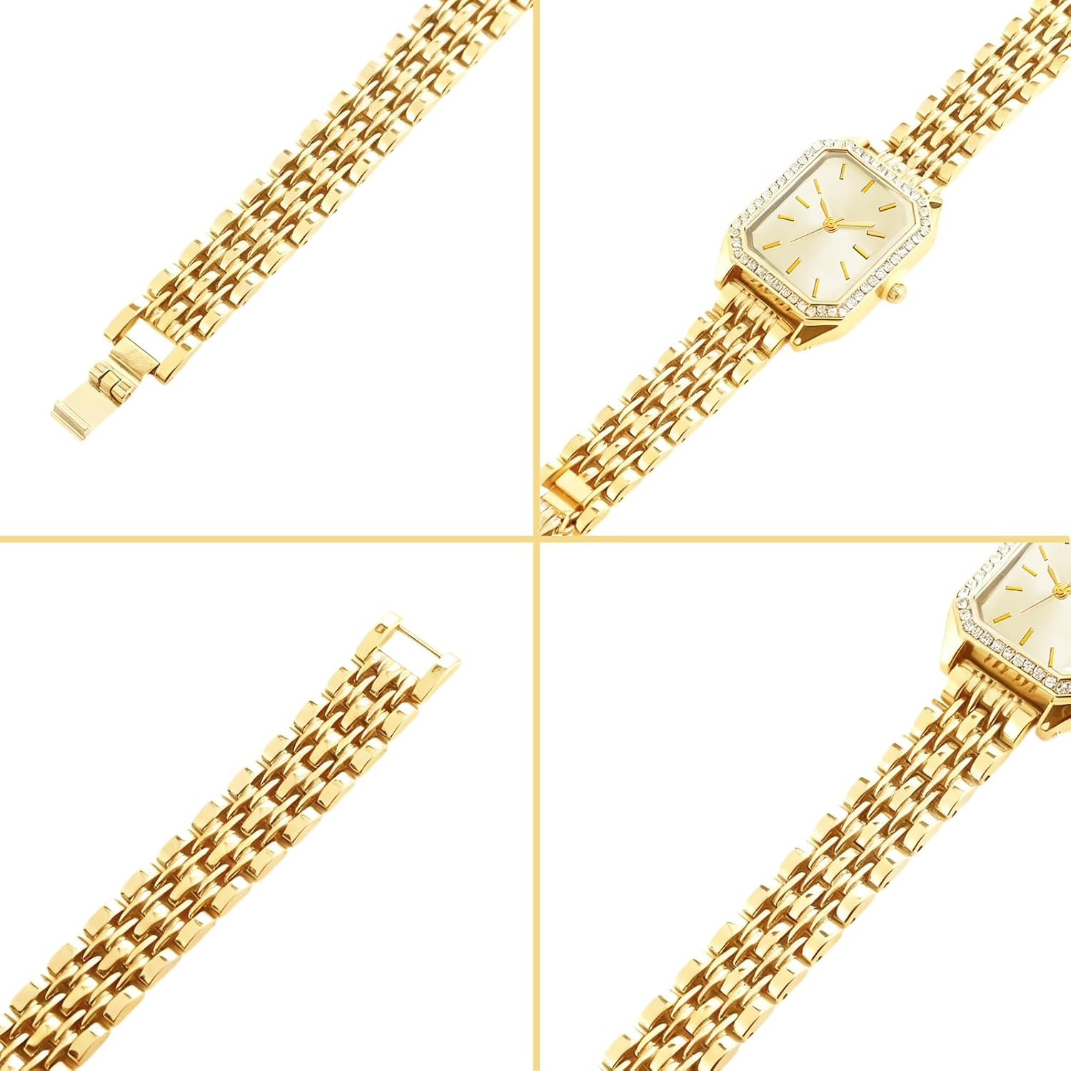 3 Pieces Women Gold Watch Bracelets Set Fashion Costume Jewelry Stainless Steel Gold Plated Square Wristwatch Diamond