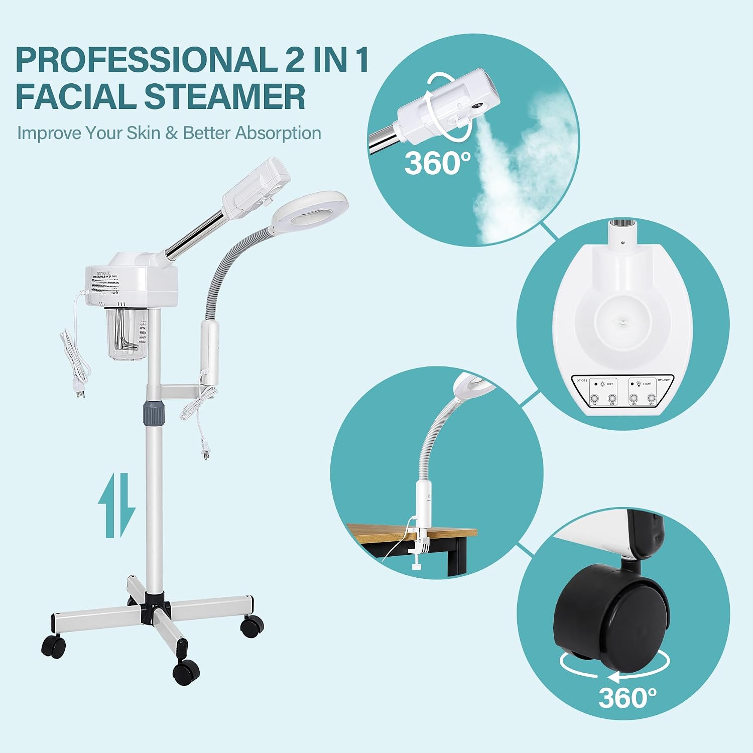 2 in 1 Facial Steamer Professional Nano Ionic Face Deep Cleansing Hydration with 5X Magnifying LED Lamp & Rolling