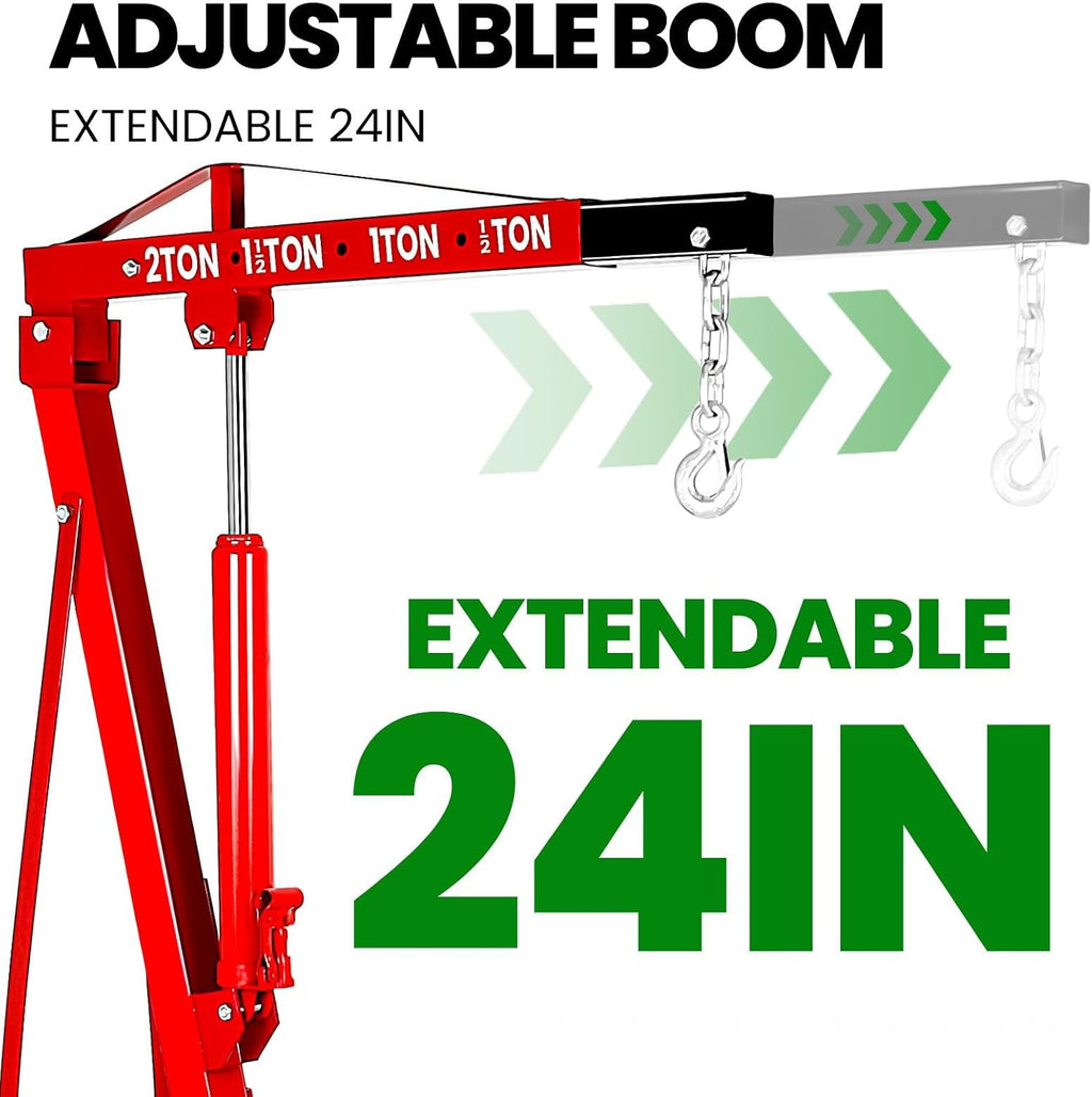 2 Ton Folding Engine Hoist, 5500lbs Hydraulic Cherry Picker Engine Hoist with 4 Casters, Heavy Duty Engine Lift for