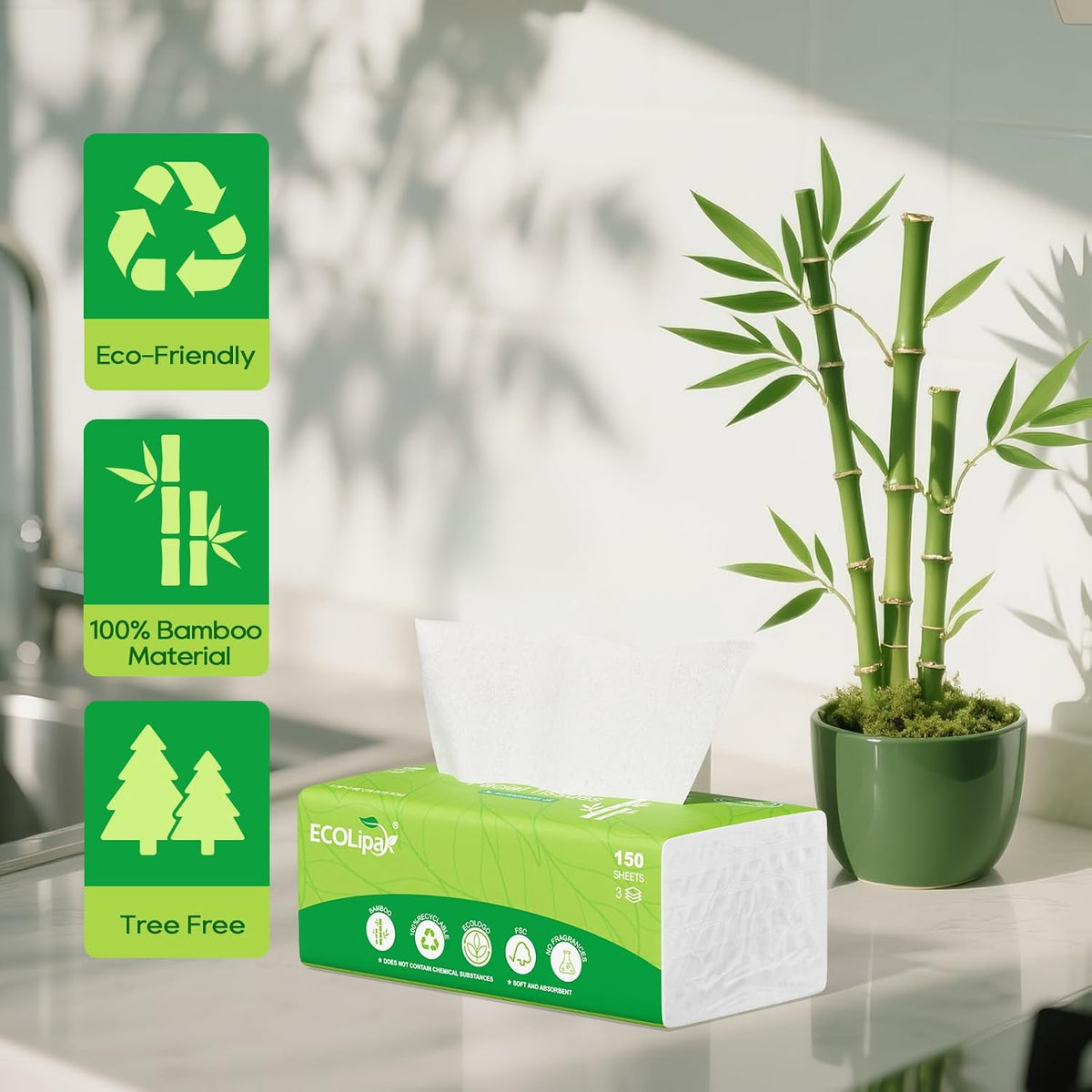 Bamboo Facial Tissues, 12 Packs, 1800 Sheets Total, 3-Ply