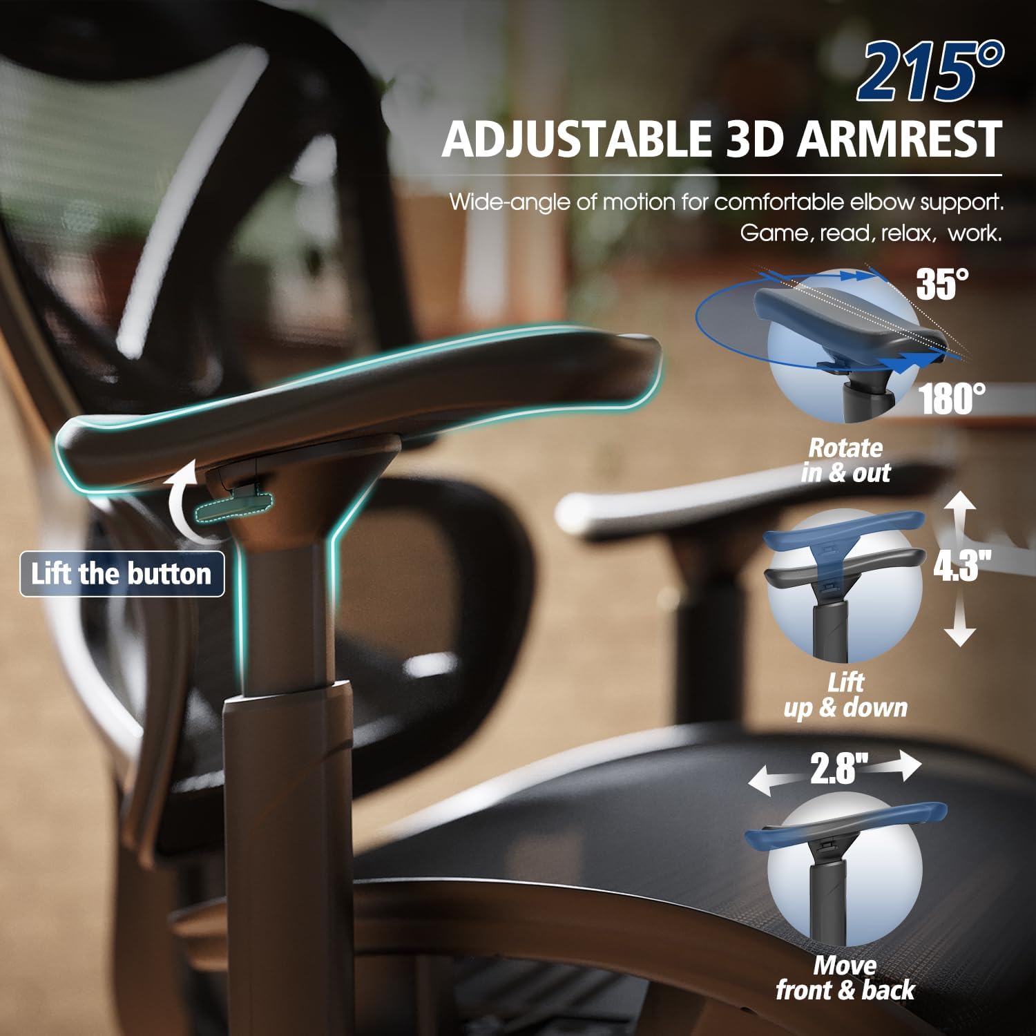 Ergonomic Office Chair, Big and Tall Mesh Chair with Lumbar Support, 3D armrest - 215° Rotation, Adjustable Headrest