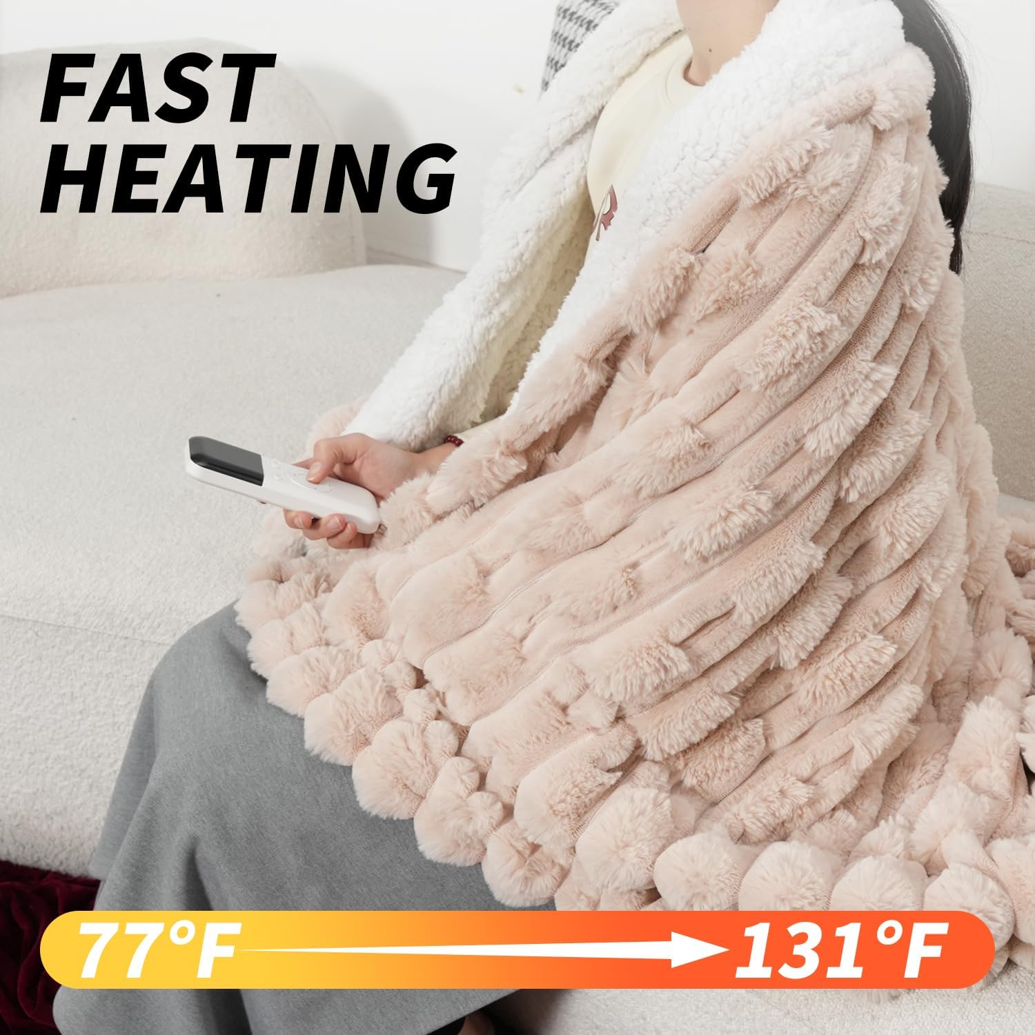 Heated Electric Blanket Throw Size Faux Fur & Sherpa 50" x 60" Soft Heating Blanket with 6 Heating Levels & 1-8 Hours