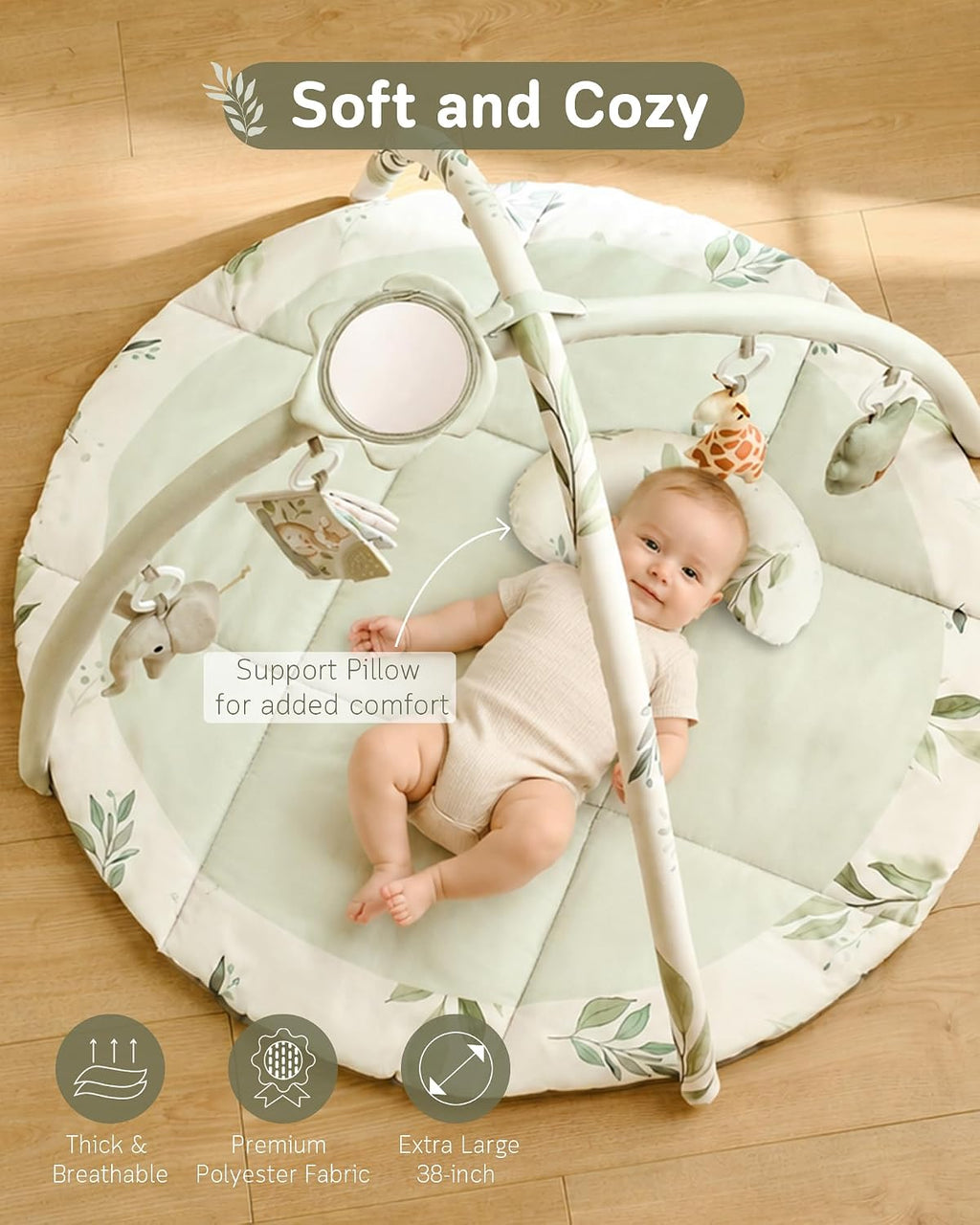 Baby Play Gym & Activity Mat, Machine Washable & Foldable Tummy Time Mat with 5 Detachable Toys, Certified Safe