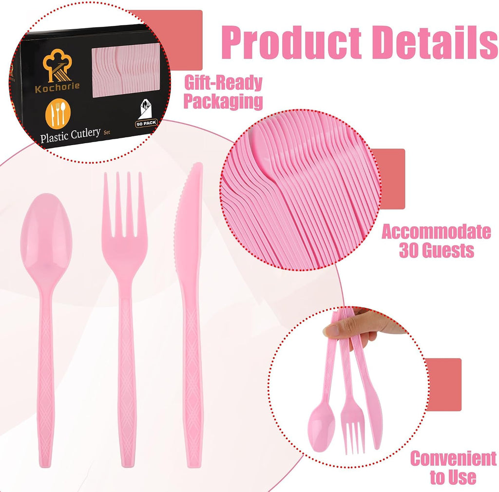 90 Pieces Pink Plastic Cutlery Set
