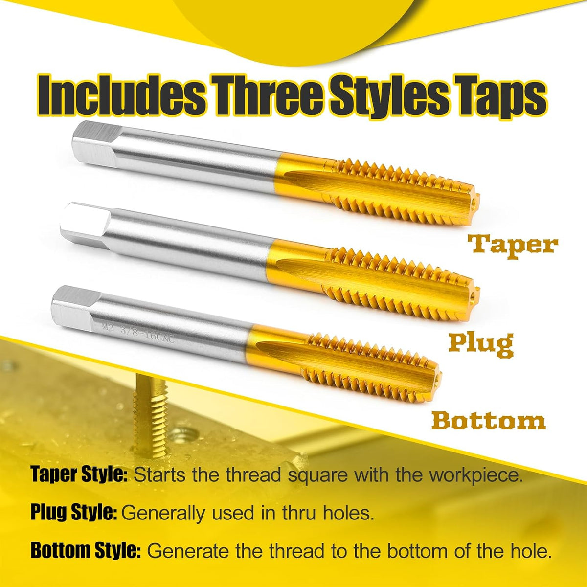 3Pcs 1/2"-13 UNC Thread Tap for Metal,Taper+Plug+Bottom Threading Hand Tap