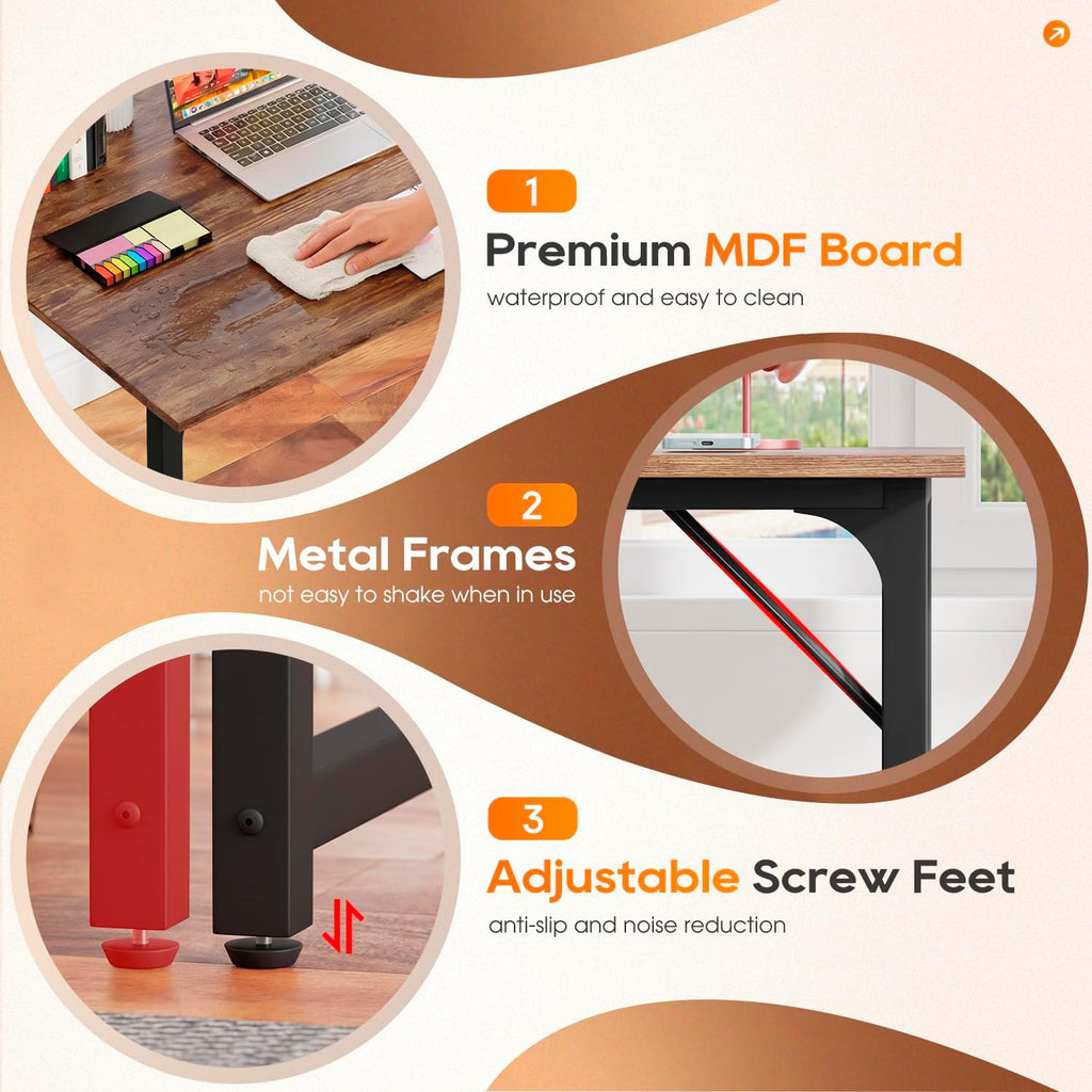 32 Inch Computer Desk | Brown | Office Desk with Metal Frame, Adjustable Feet | Water-Resistant, Scratchproof Surface