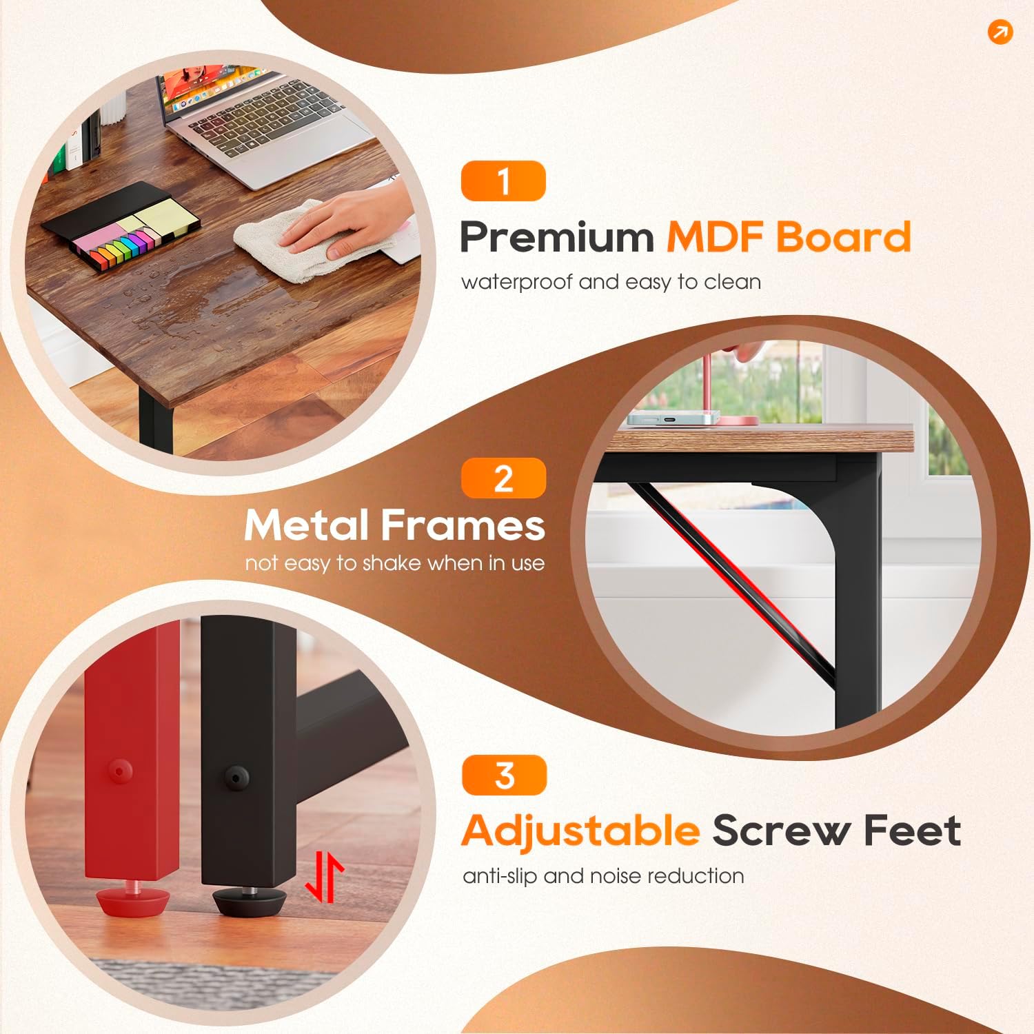 32 Inch Computer Desk | Brown | Office Desk with Metal Frame, Adjustable Feet | Water-Resistant, Scratchproof Surface