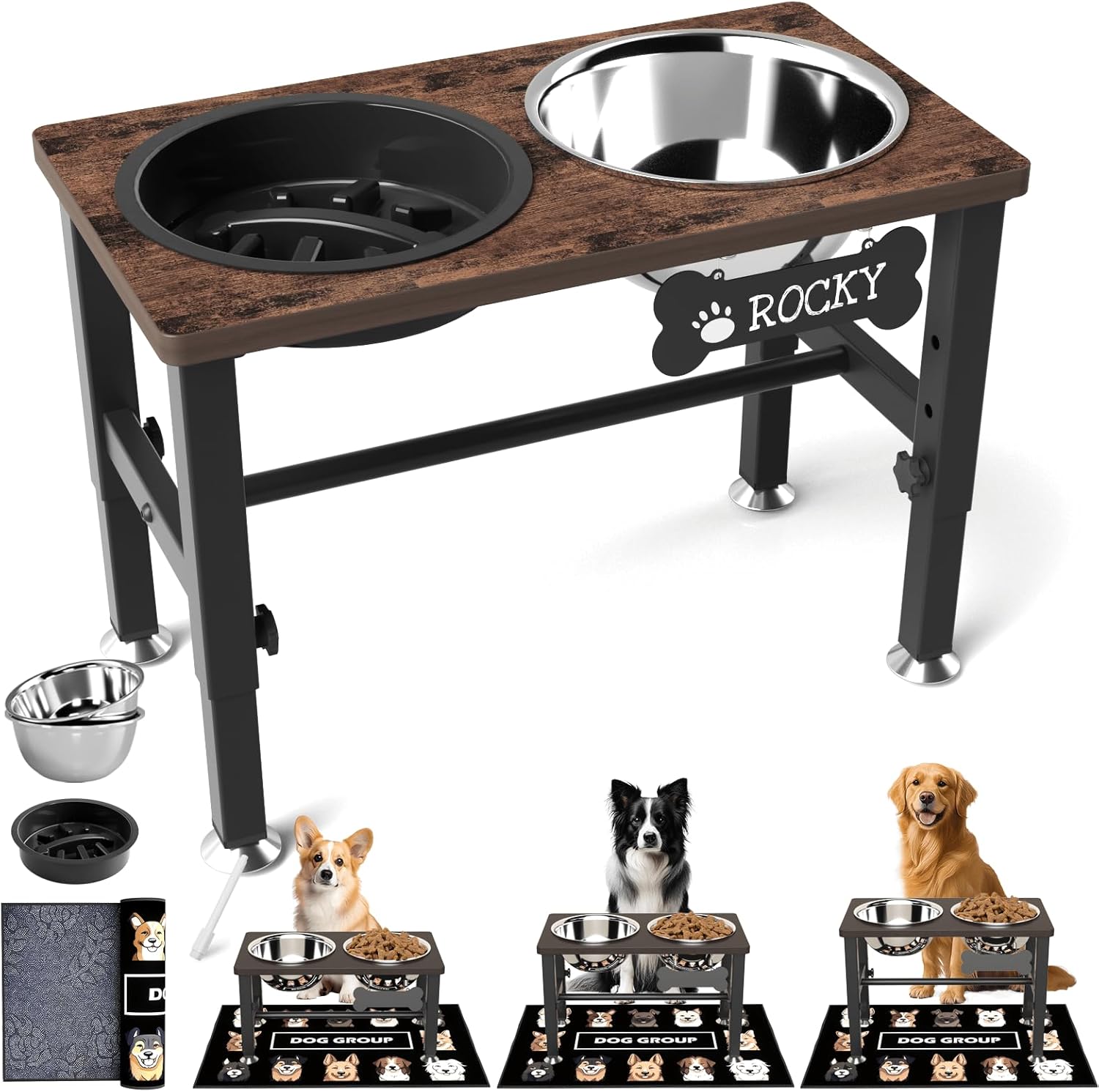 Elevated Dog Bowls with Slow Feeder & Mat for Medium and Large Dogs, 12" Tall Adjustable Wooden & Metal Raised Dog
