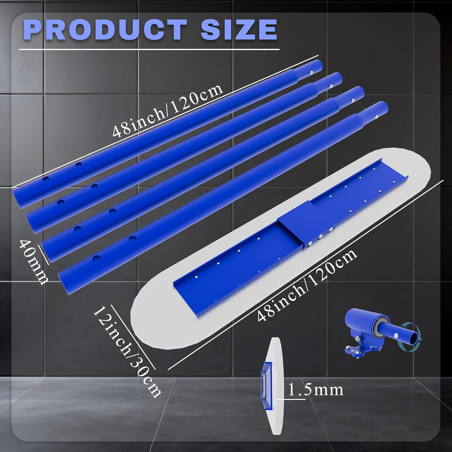 48" x 8" Concrete Bull Float Kit, Stainless Steel, 47" Adjustable Handle | Round End Finishing Trowel, Heavy Duty