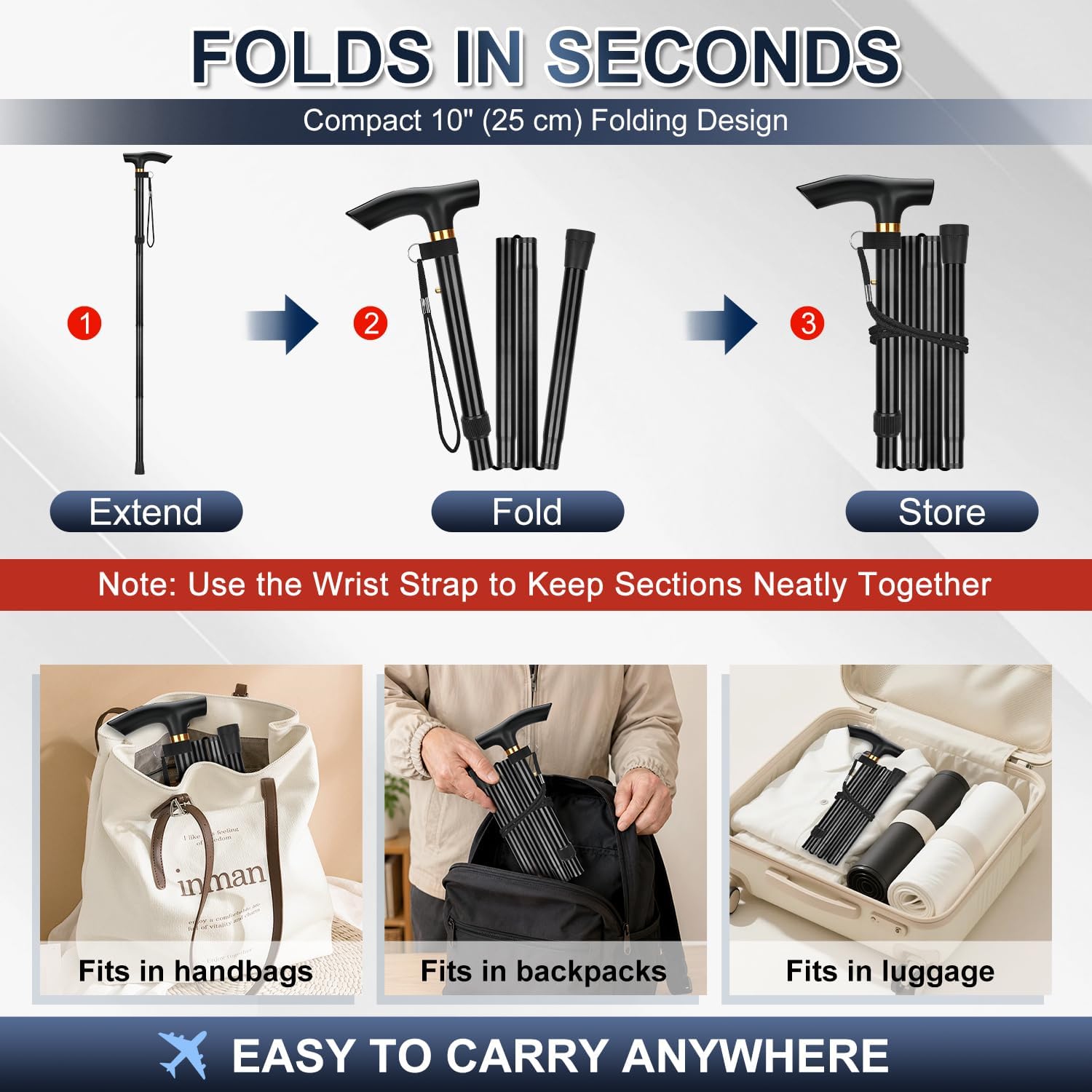 Folding Cane, 5-Level Adjustable Height Walking Stick Lightweight Collapsible Portable Travel Cane with Wrist Strap