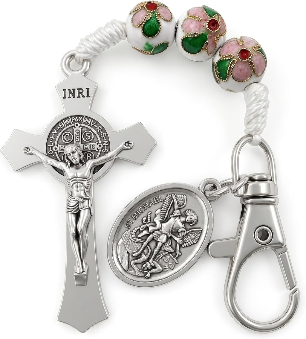 Catholic Rosary Keychain St Michael Medal White Enamel Beads