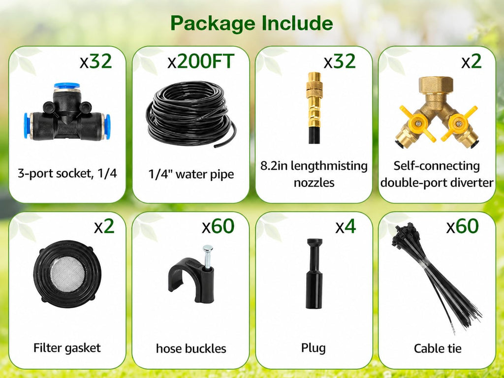 200FT Drip Irrigation System with Brass Splitter & Copper Nozzles