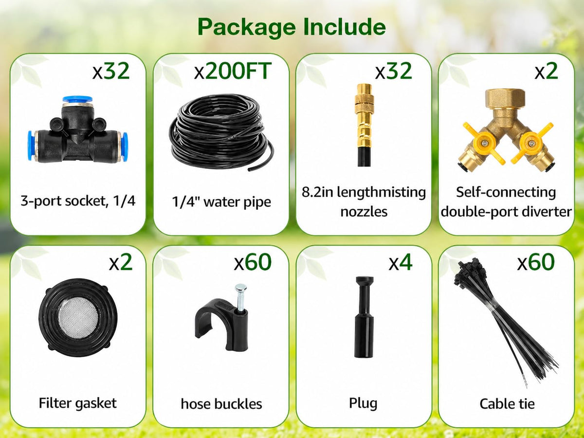 200FT Drip Irrigation System with Brass Splitter & Copper Nozzles