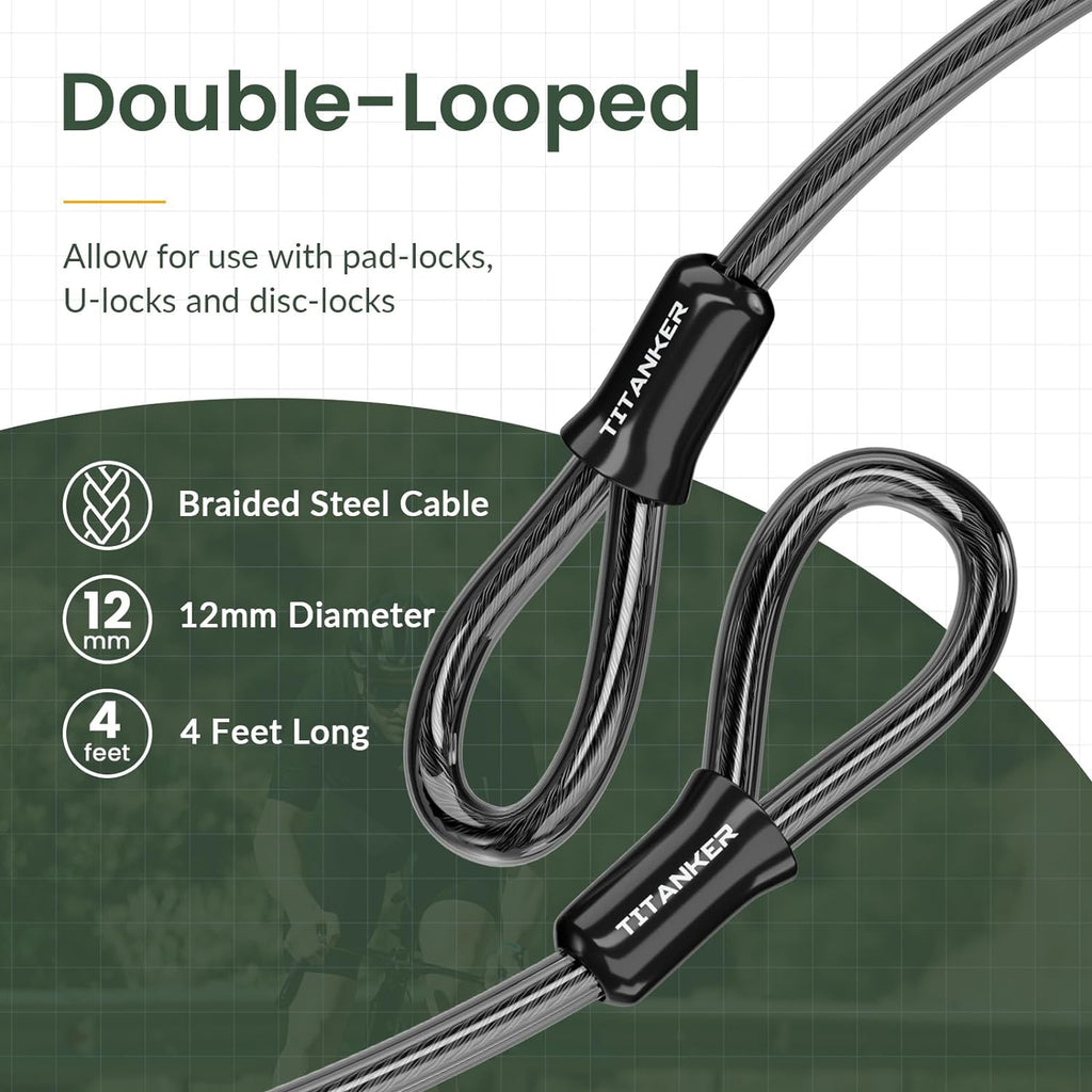 Bike Lock Cable,12mm Thick Security Cable with Loops Heavy Duty Steel Cable Vinyl Coated Bike Cable Lock Security