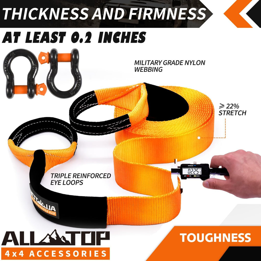 Extreme Duty Tow Strap Recovery Kit: 4inch x 30ft (46,500lbs) 100% Nylon and 22% Elongation Snatch Strap + 3/4 Heavy